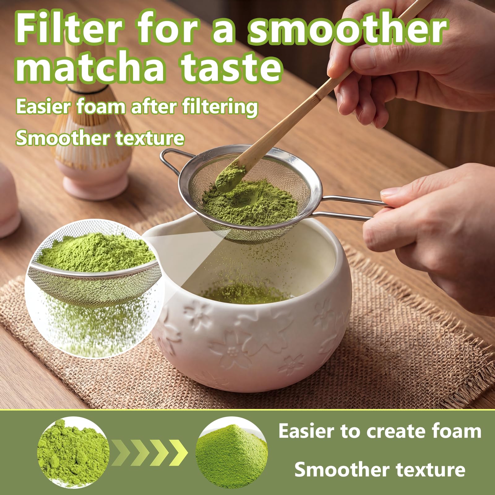 8 pezzi Matcha Kit, Matcha Set tradizionale in ceramica con Frusta Matcha, Ciotola, Cucchiaio, Filtro, Supporto, Kit Matcha completo, Elegante Set per Amanti del Matcha, Bianco Rosa