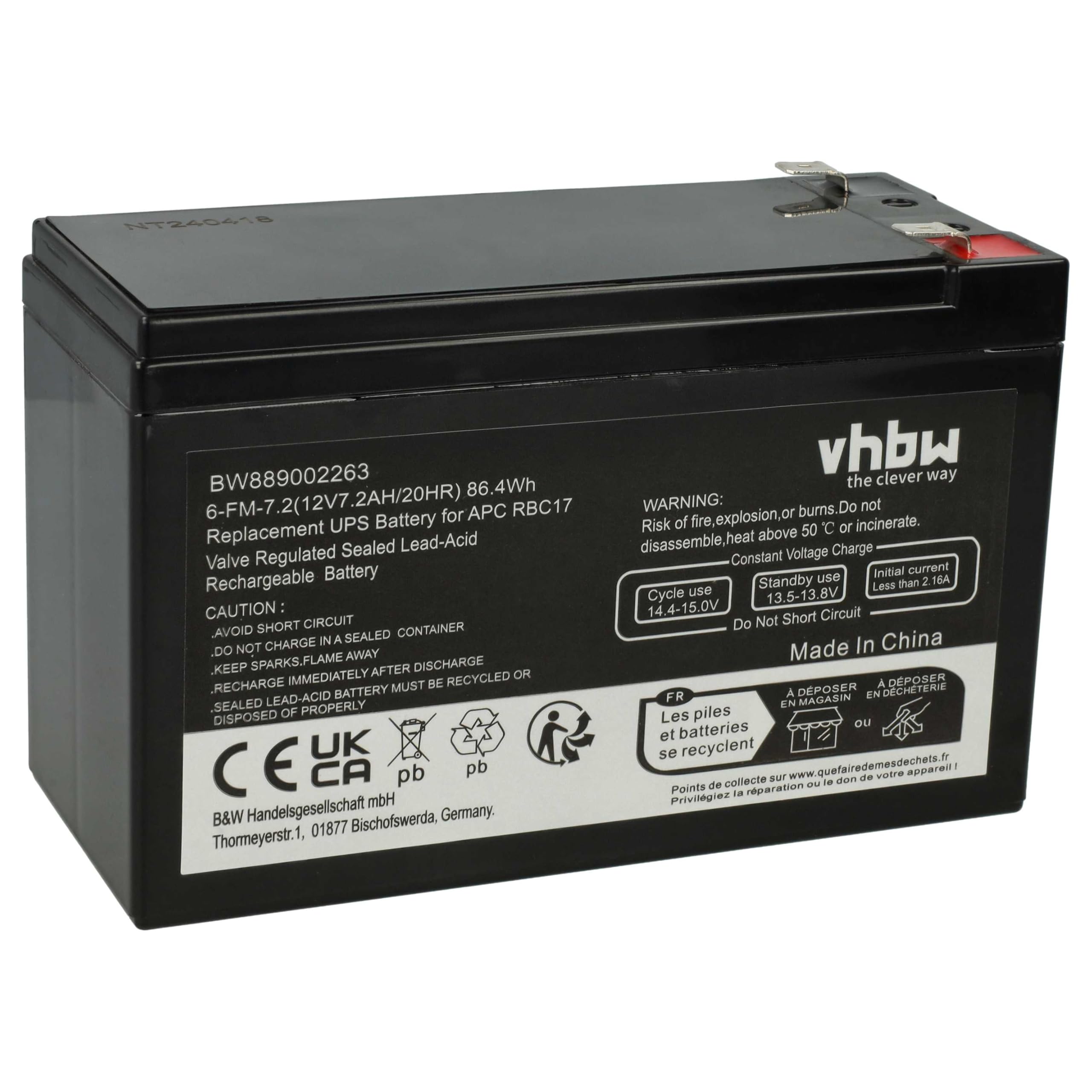 vhbw 1 x bateria zastępuje APC RBC17 do UPS (7,2 Ah, 12 V, AGM)