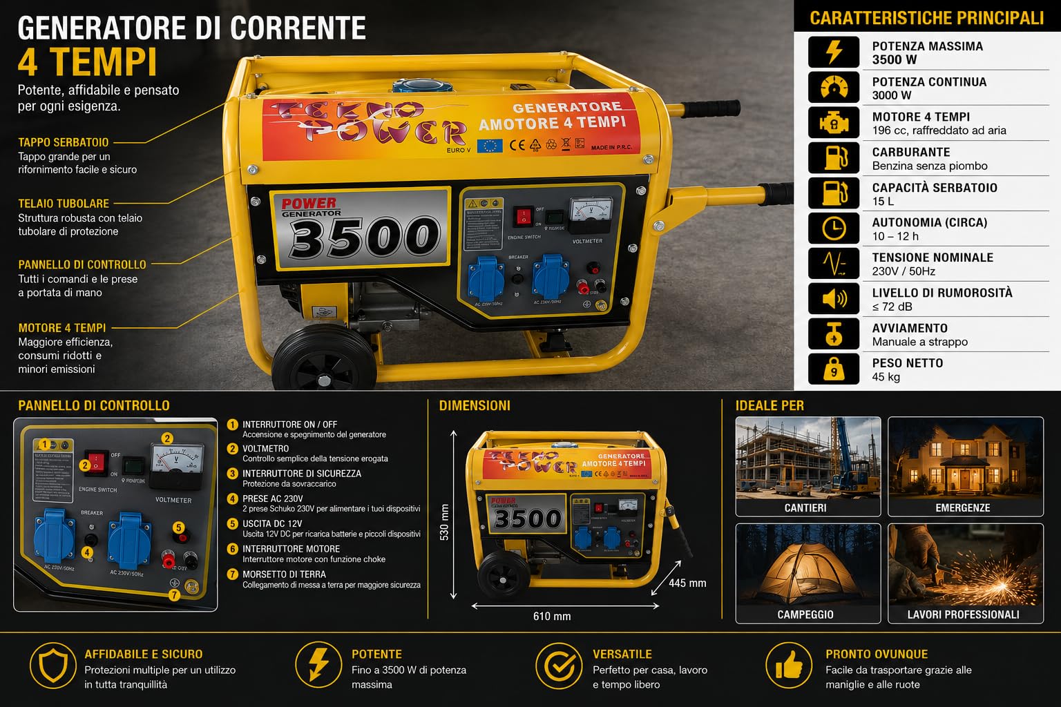 Gruppo Elettrogeno Generatore di Corrente 3KW Motore 4 Tempi 15 Litri 6,5HP