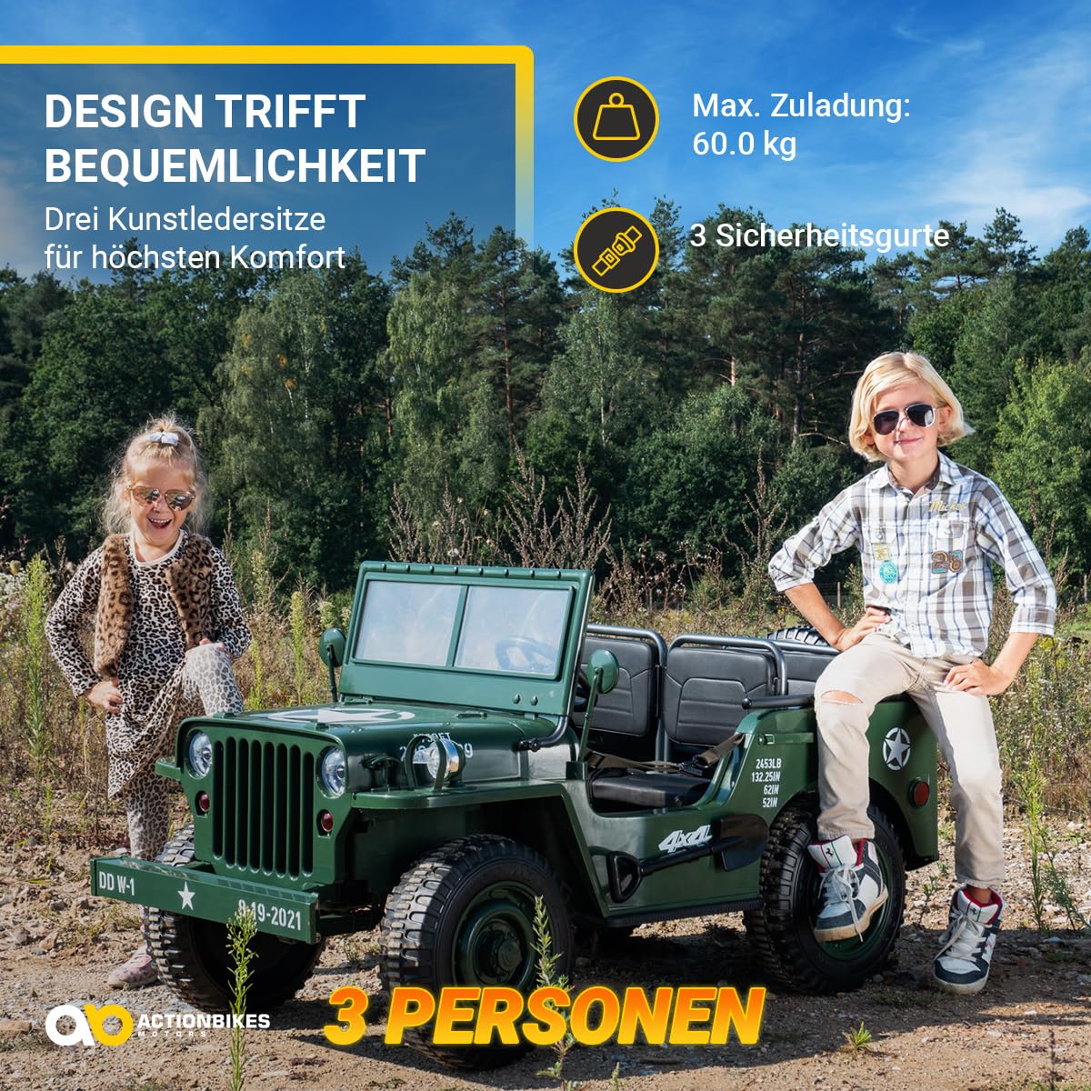 Actionbikes Motors Kinder Elektroauto Jeep Willys | Fernbedienung mit First Funktion - 4x4 Allrad Antrieb - Kinderauto elektrisch - Elektrofahrzeuge - Elektro Auto für Kinder ab 3 Jahre (Grün)