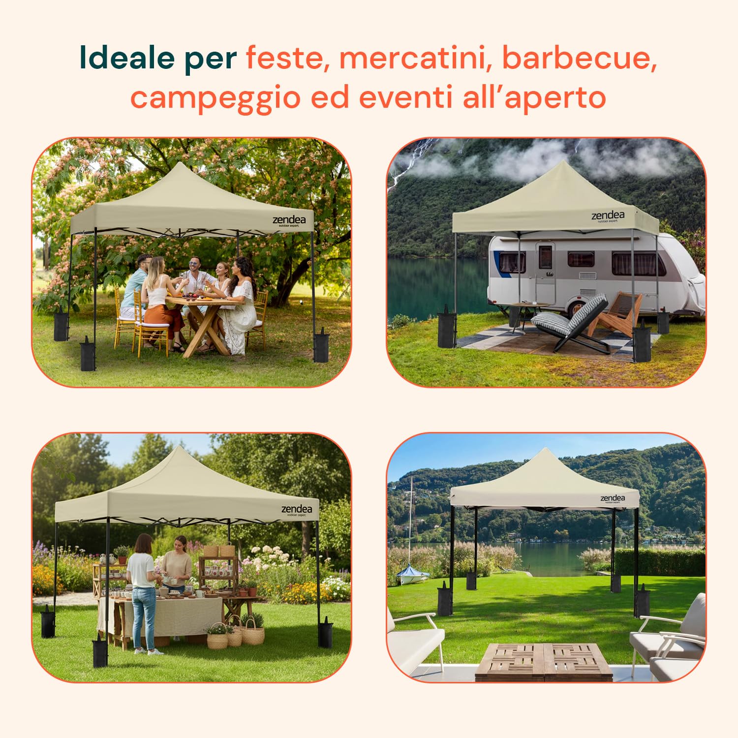 Gazebo Pieghevole Impermeabile 3x3 Beige Oxford 600D PVC Struttura Rinforzata per Giardino
