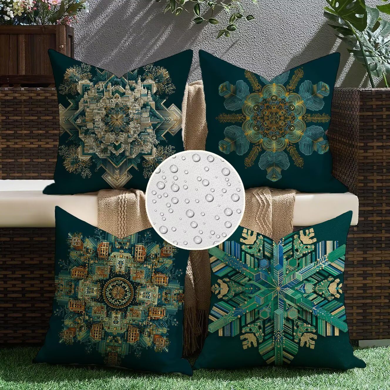 Fiocchi neve Cuscini da Esterno 60x60 Set da 4 Federe Cuscini Divano verde Copricuscini Velluto Copri Cuscino Divano, Impermeabili Copricuscino, Quadrato Cuscino Decorativo, Moderna Decorazione t-899