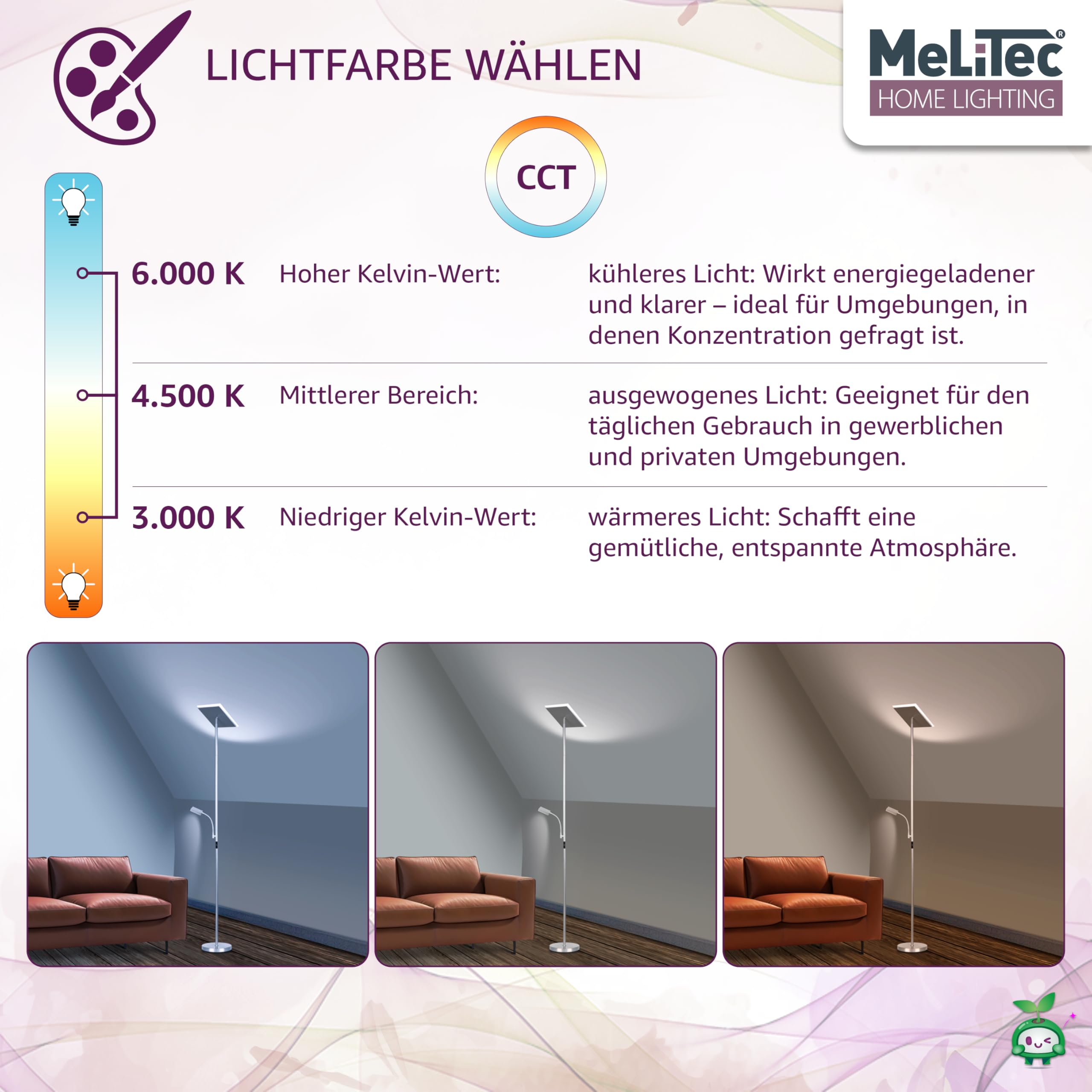 MeLiTec LED Deckenfluter mit Leseleuchte | Titan | Eckig | Dimmbar Warm- bis Kaltweiß | Stehlampe | ST59