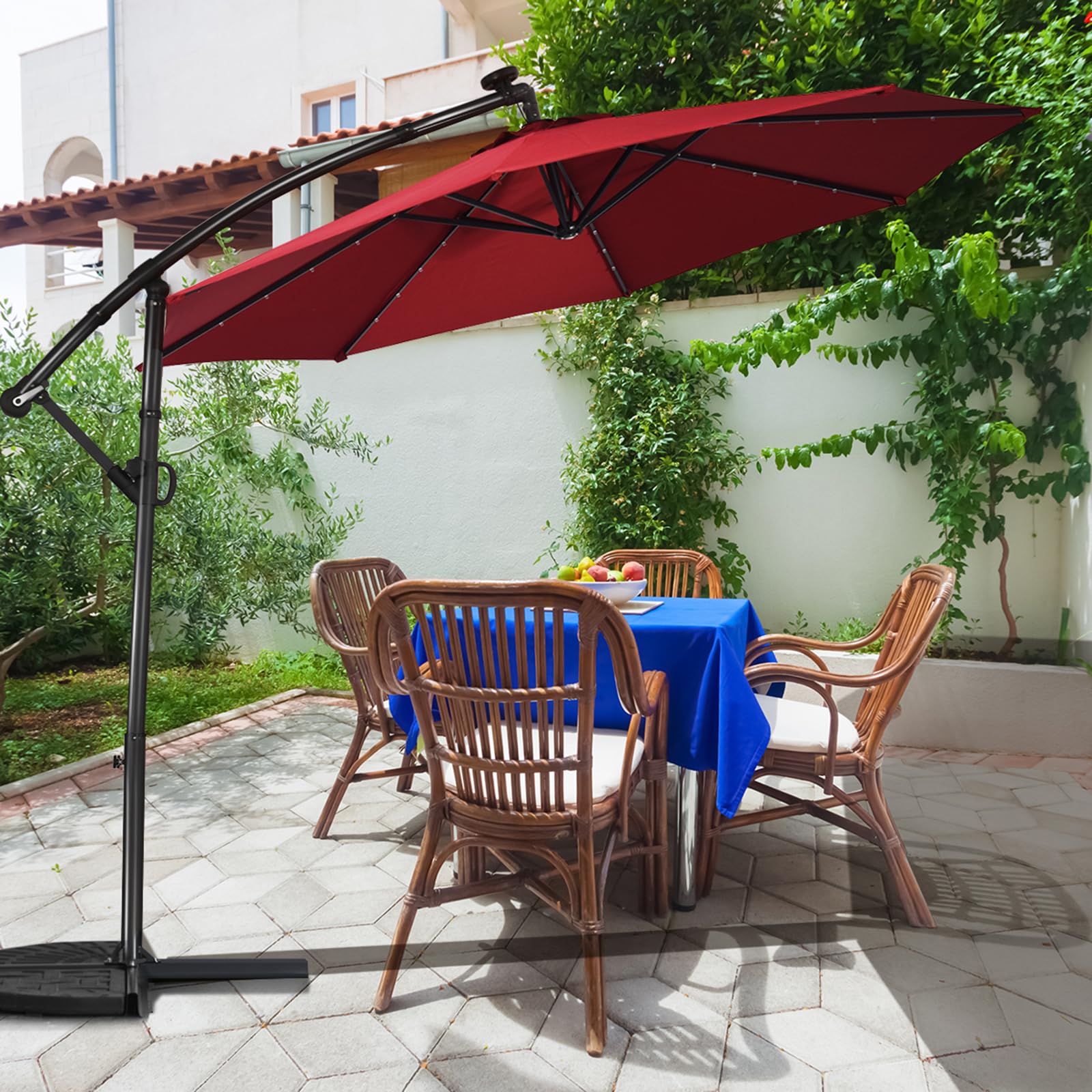 KOMFOTTEU Parasol przeciwsłoneczny LED, parasol ogrodowy z korbą ręczną, parasol tarasowy ze stojakiem, obracany o 360°, składany, pochylony, 300 cm x 230 cm, do ogrodu, na taras, basen, czerwony