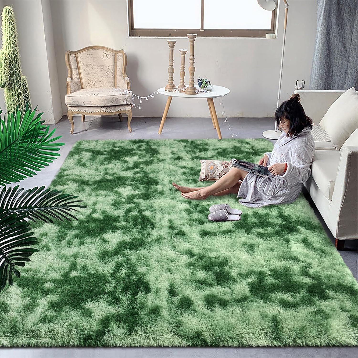 DweIke Extra Large Fuzzy Rug Fluffy Carpets, 8x10 Feet Tie-Dye Sage Green Rugs for Living Room Bedroom Girls Kids Room Nursery Home Decor, Non-Slip Floor Carpet, Sage Green