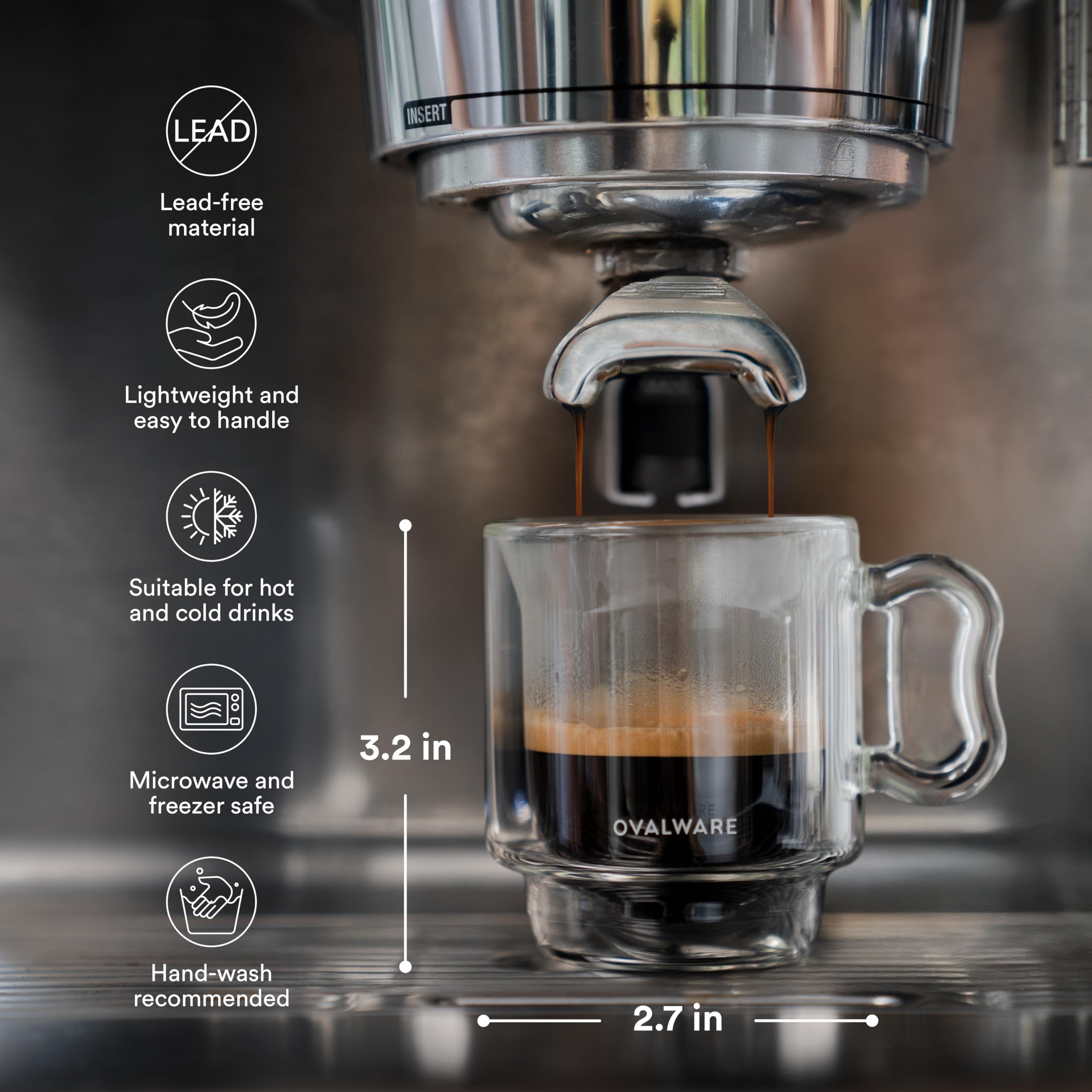 ovalware RJ3 Filiżanki do kawy espresso, 120 ml, zestaw 2 sztuk, podwójne ścianki z solidnym uchwytem motylkowym, elegancki kubek borokrzemowy do espresso z możliwością układania w stos, izolowane,