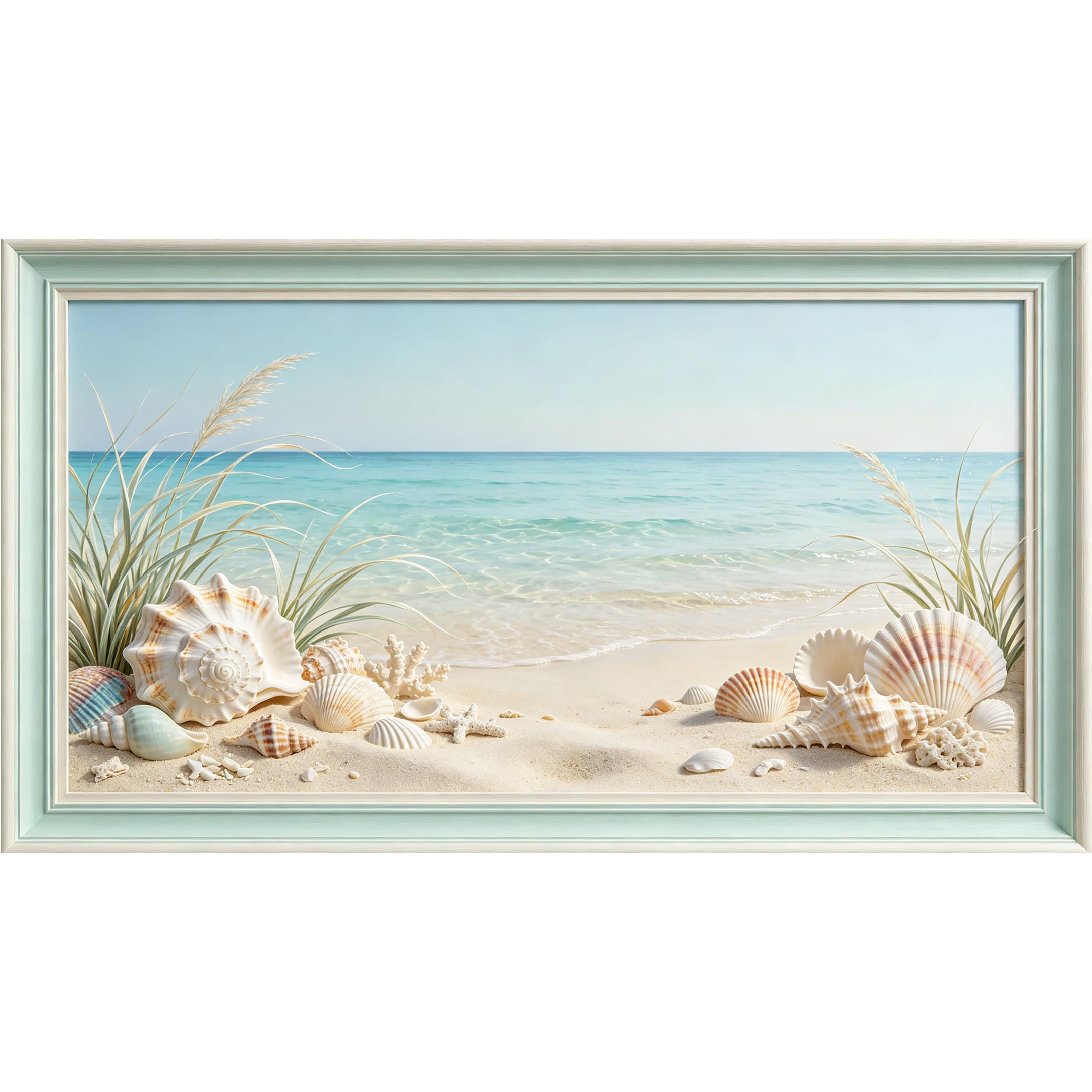 QZLITHOTIC 50×90cm3D Framed Wall Art， Coastal Ocean Seashell Tropical Sand Mural， Water?Activated Peel & Stick Fabric Decor Wall Decal for Bedroom Living Room