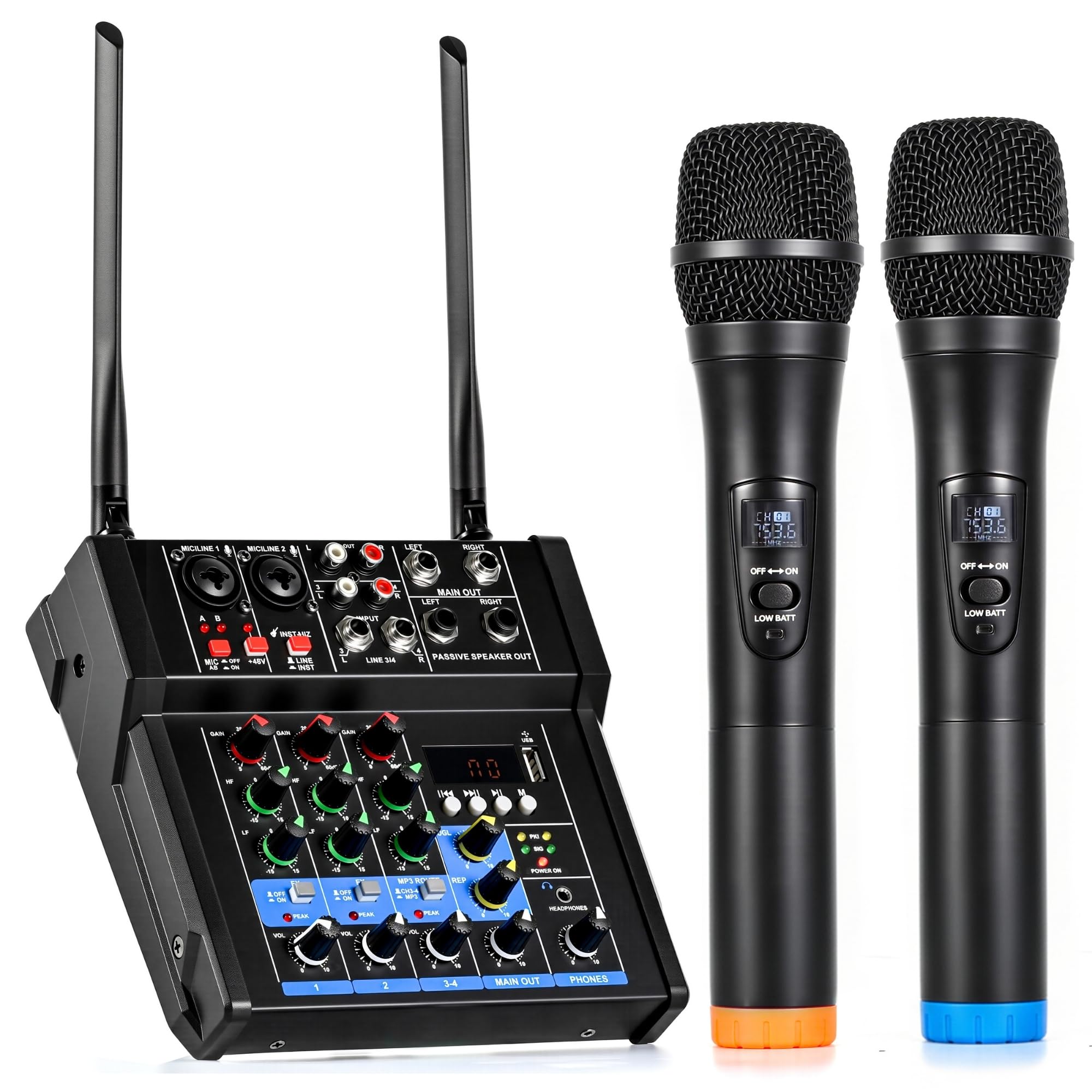 150W x2 Powered Amplifier Audio Mixer, 4 Channel Karaoke Mixer Sound Board with Dual Rechargeable Wireless Microphones, 48V Phantom Power, USB/Bluetooth/Type-C Audio, TV/PC/Phone/MP3 Stereo DJ Mixer