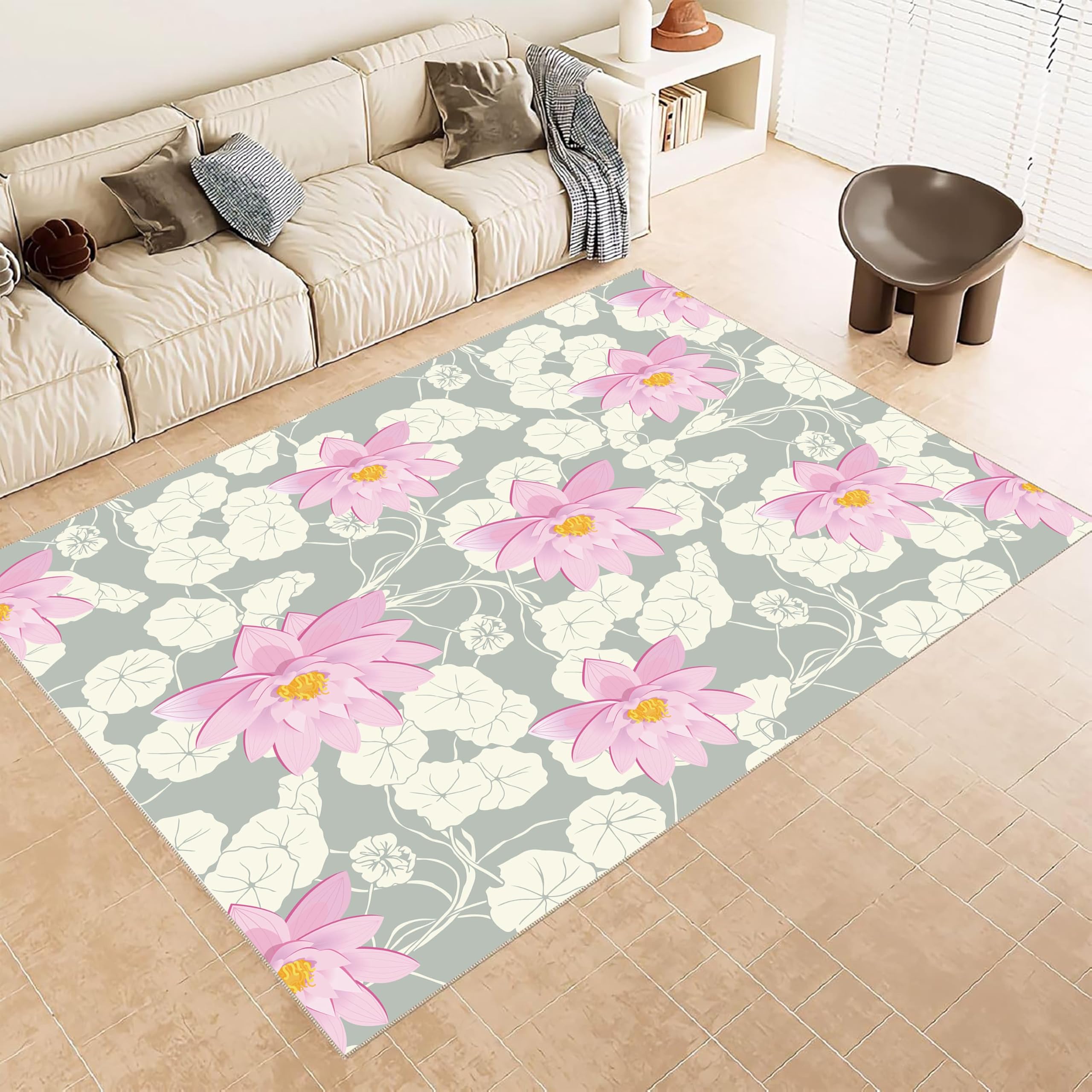 ZCLRUG Pink Lotus Flower Area Rug, 180 x 260 cm off white Lotus Leaf vine plant Boho Rugs, Indoor Fade Resistant Non Shedding Washable Oriental traditional style Floor mat for Bedroom Bedside Carpet