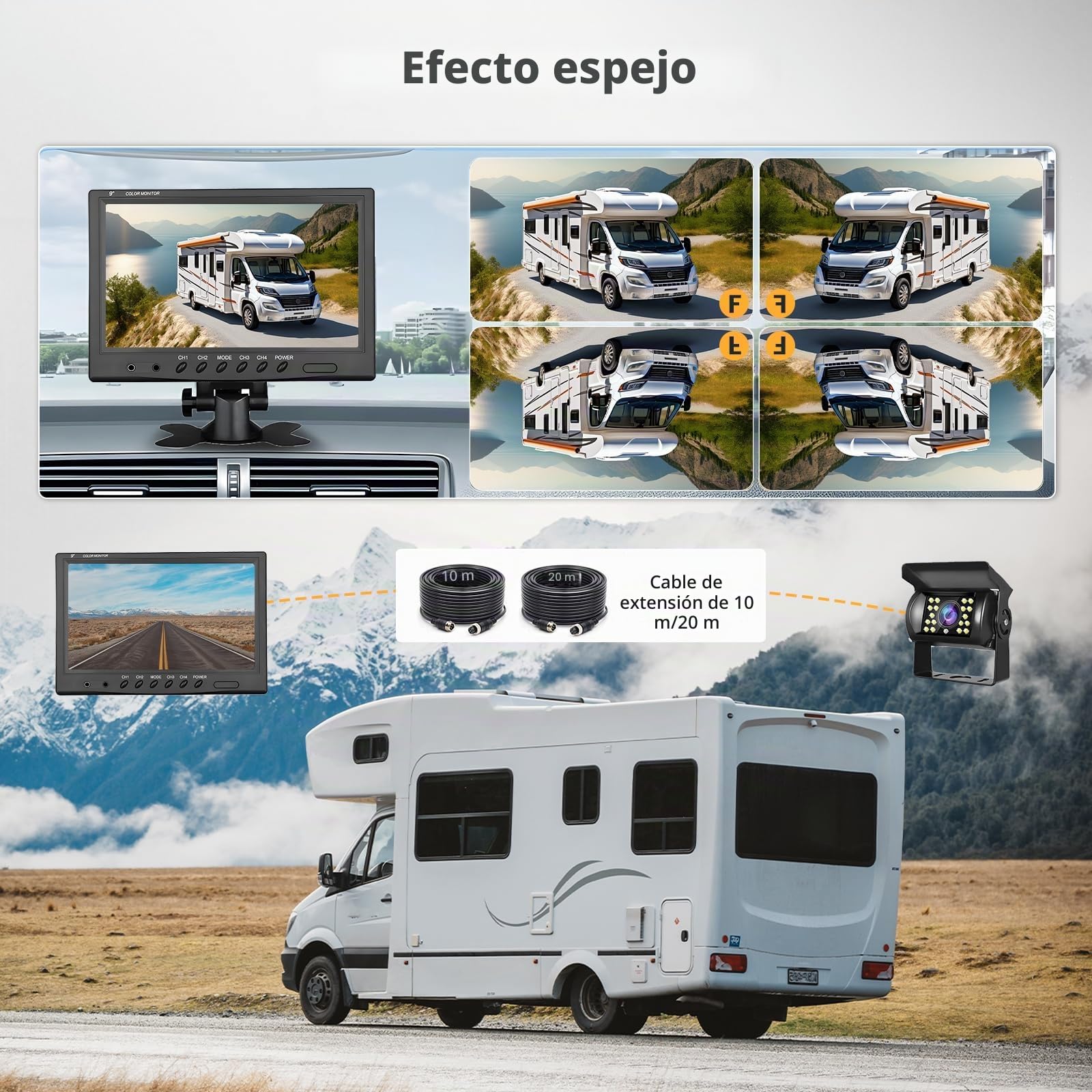Cámara Marcha Atrás 4 Cámaras con Monitor 9 Pulgadas | Impermeable, Visión Nocturna, 4 Kabel Kamera mit 2x10m + 2x20m Kabel für LKW/Anhänger/Bus/Van 12-24V