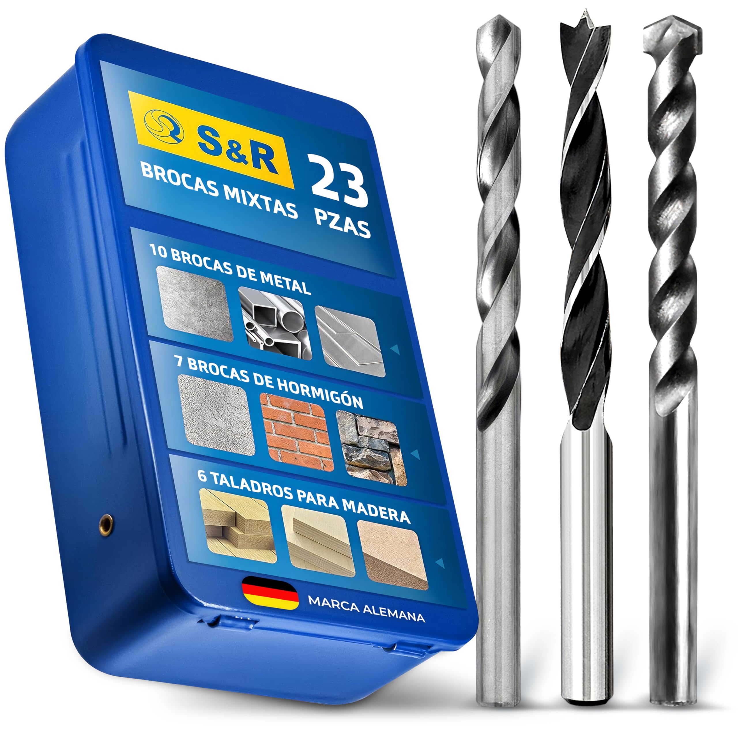 S&R Broca Taladro Multimaterial Mixta. Juego de 23 Brocas Metal Hormigón | Madera