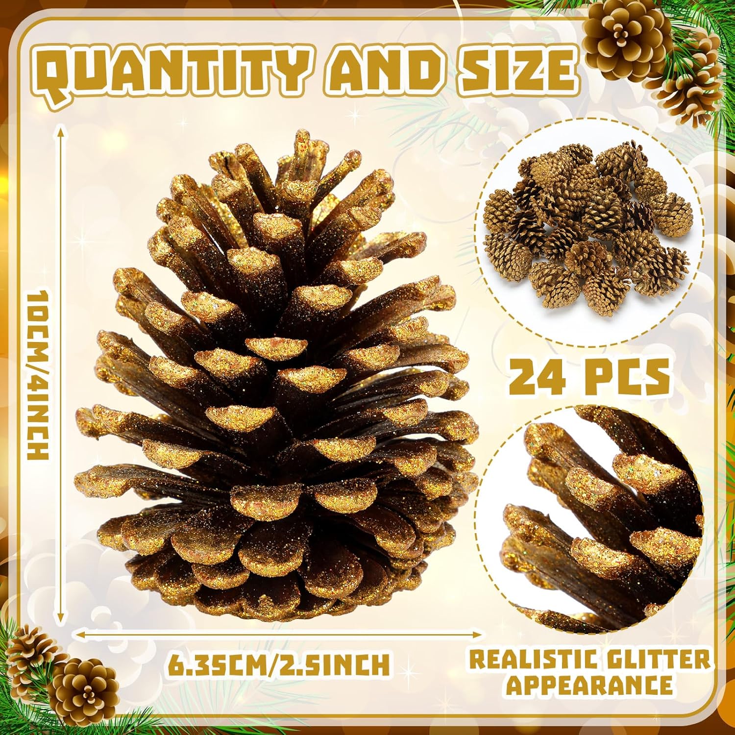 Janinka 24 Pcs Large Gold Christmas Glitter Pine Cones 4 Inch Pine Cone Ornaments Artificial Christmas Pinecone Decorations for Xmas Tree Vase Fillers Garland Wreath DIY Craft