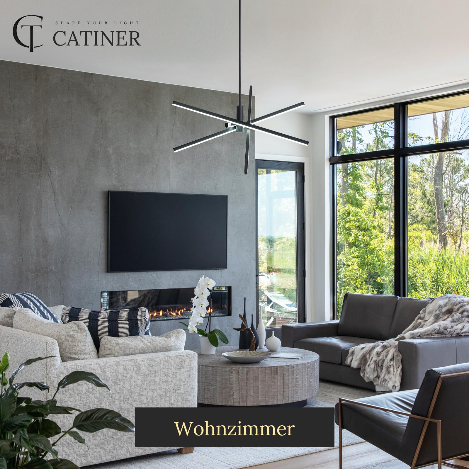 CATINER Moderner LED Hängeleuchte Schwarz 4-flammige Esszimmer Pendelleuchten LED Sputnik Kronleuchter Dimmbar mit Fernbedienung für Wohnzimmer Schlafzimmer Küche Eingangsbereich，70 cm 25W