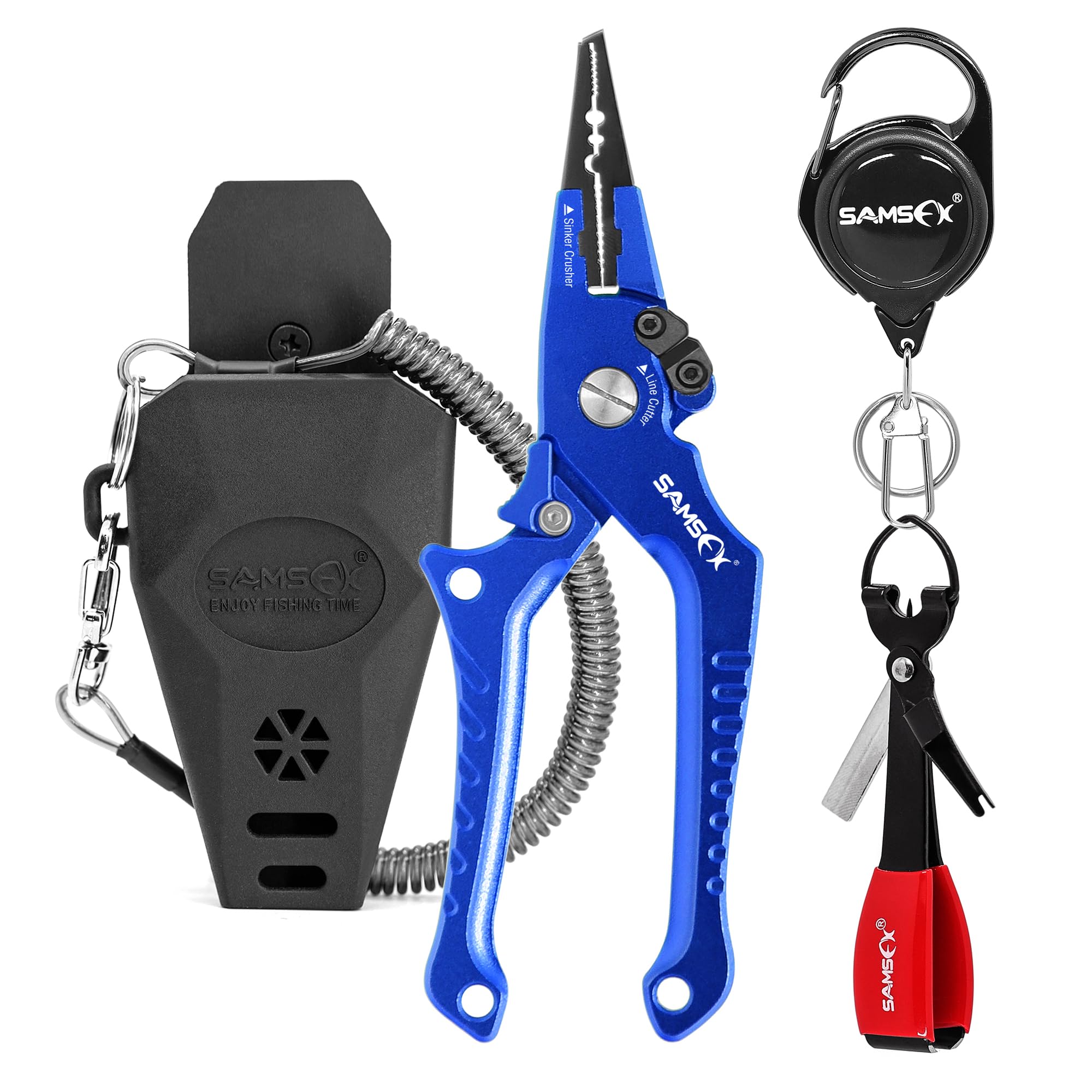 SAMSFX Aluminum Fishing Pliers Hook Remover Braid Line Cutter with Coiled Lanyard, Fly Fishing Knot Tying Tool & Retractors