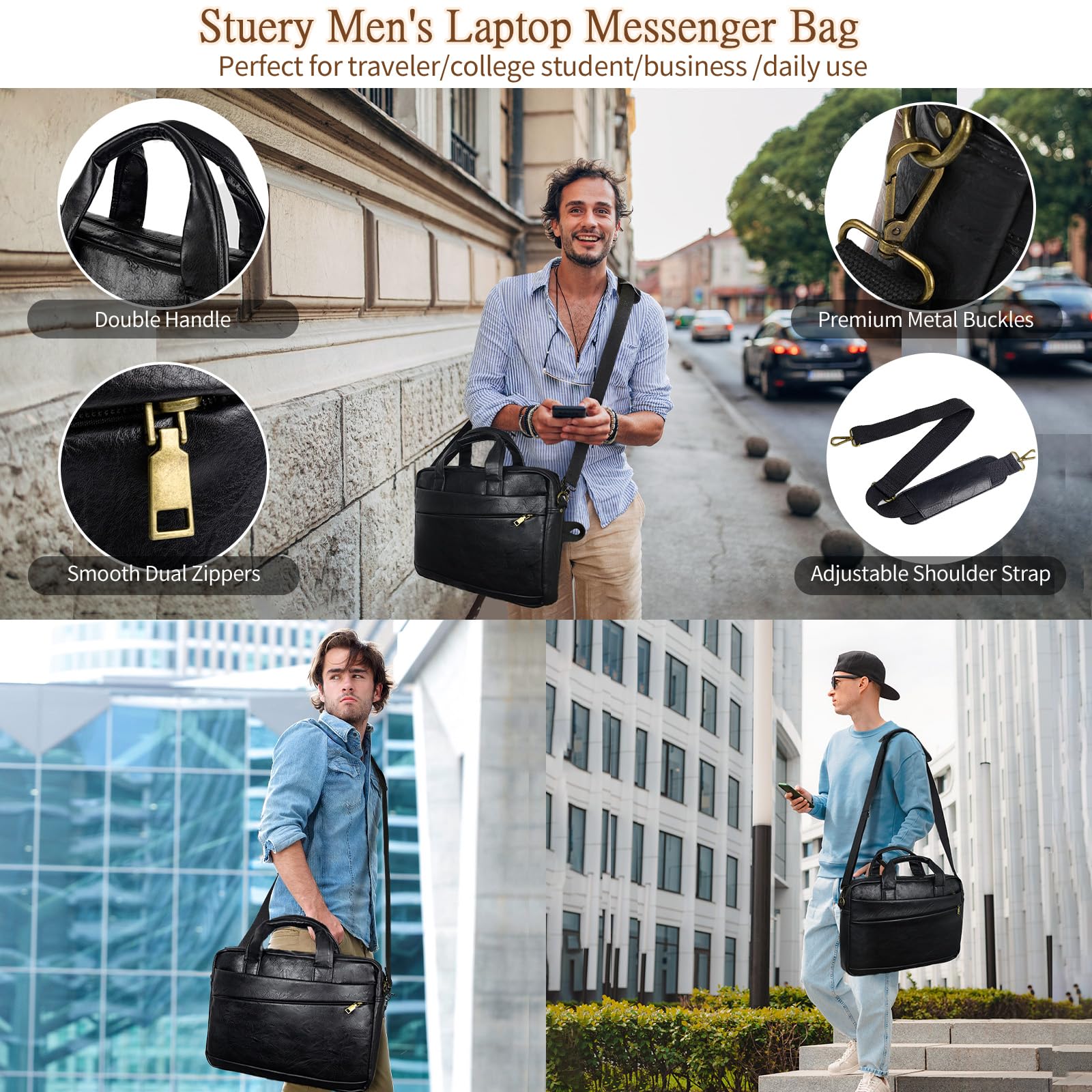 Herren Messenger Bag 17,3 Zoll Canvas/Leder Laptoptasche Rucksack für Herren Aktentasche Computer Handtaschen Schultertasche wandelbar, PU, klein, Schwarz, 16 inches, Retro