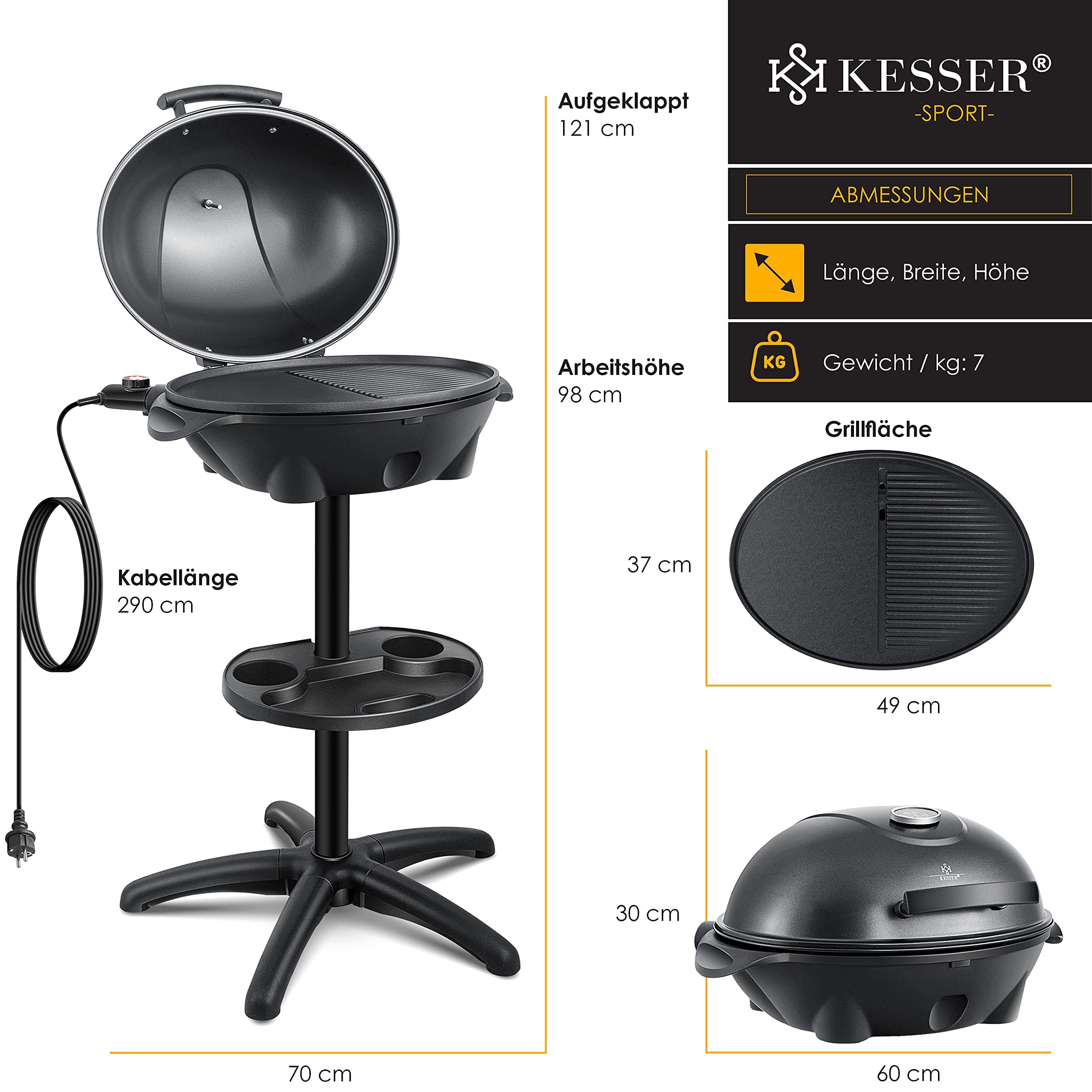 KESSER® elektrischer Elektrogrill 2in1 Tischgrill - Standgrill mit Deckel Standfuß | max. 2400 Watt Thermometer | Antihaftbeschichtung | XXL Grillplatte | integrierte Ablagefläche Elektro-Säulengrill