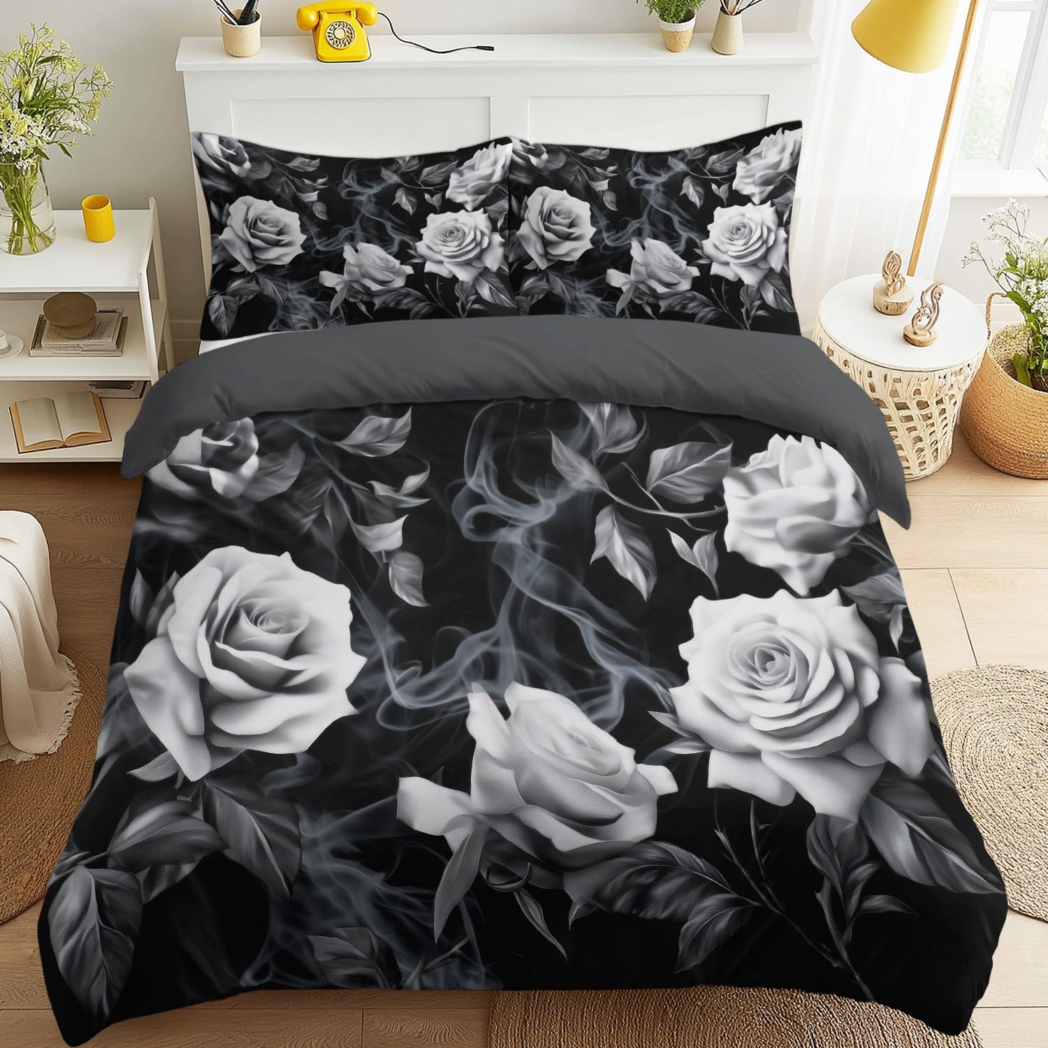 Genérico Poszwa na kołdrę 150-240 x 220 cm, miękka poszwa na kołdrę z mikrofibry, elegancki różowy dym dla dorosłych, czarno-biały, realistyczny, dwustronny, łatwy w pielęgnacji