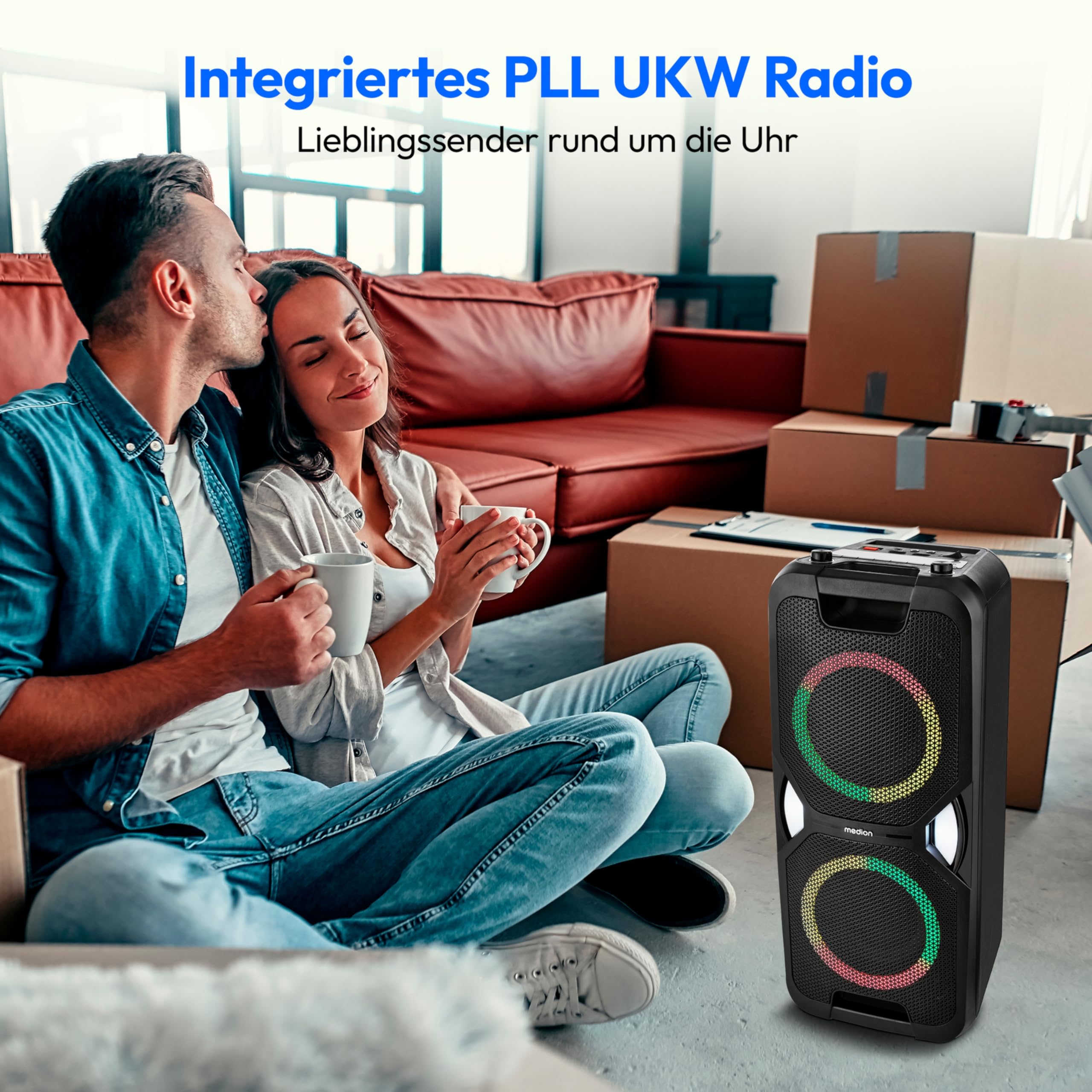 MEDION PE-1 Pure Partybox (Akku, mit Mikrofon, tragbarer Bluetooth Lautsprecher groß, Musikbox, Verschiedene Lichteffekte, Partylautsprecher mit Karaoke, 2 x Mikrofonanschluss, AUX, USB, Radio)