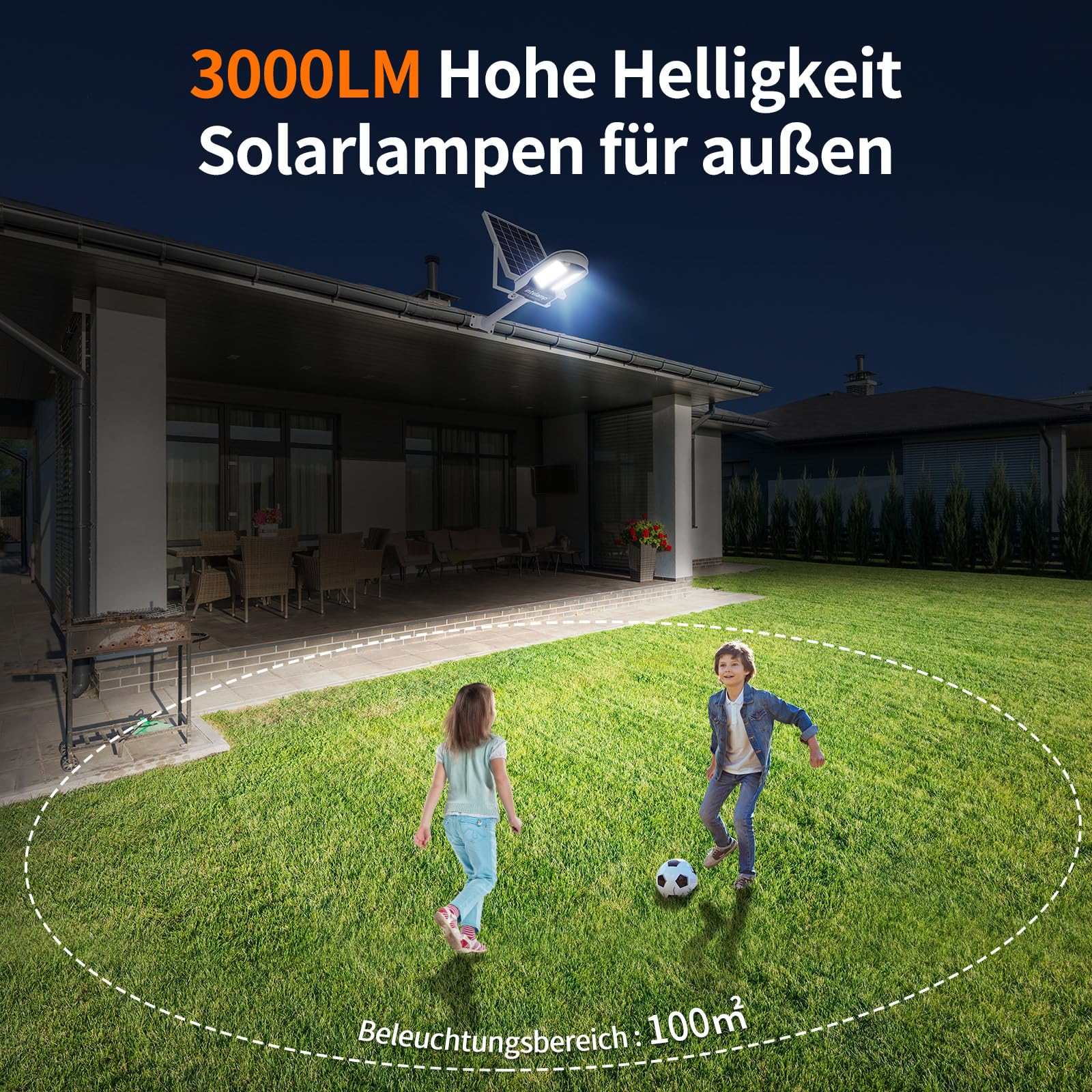 INTELAMP Lampione Solare LED Esterno, 12500mAh 3000LM Faro Con Pannello Solare da Esterno, IP65 Impermeabile Faretto LED con Sensore di Movimento, Luci da Esterno per Giardino, Terrazza, Garage