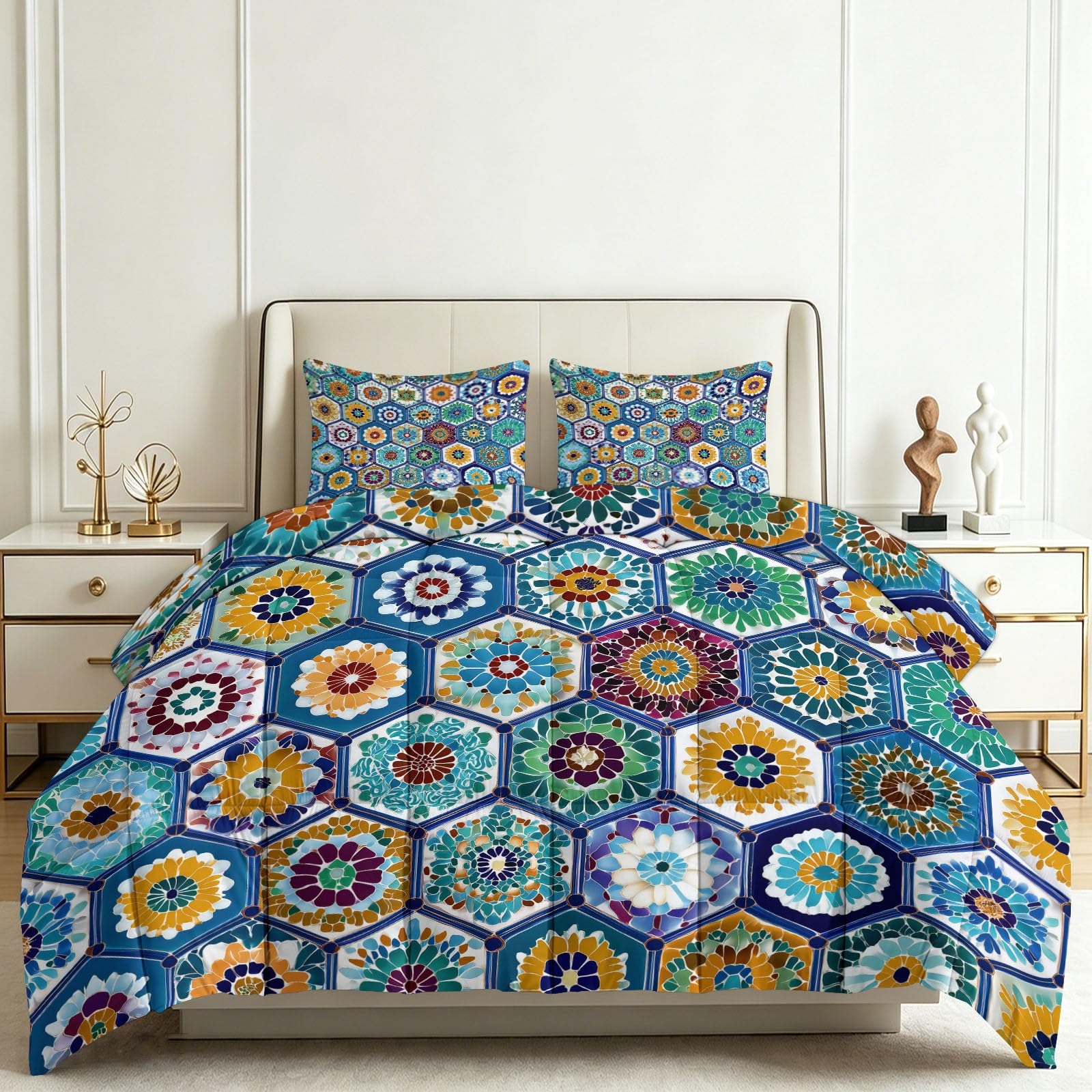 Tutte le stagioni - Trapunta 240 x 260 cm, fantasia geometrica esagonale floreale trapuntata di lusso e morbido in piumino e piume, traspirante, lavabile in lavatrice, ipoallergenico, buon sonno