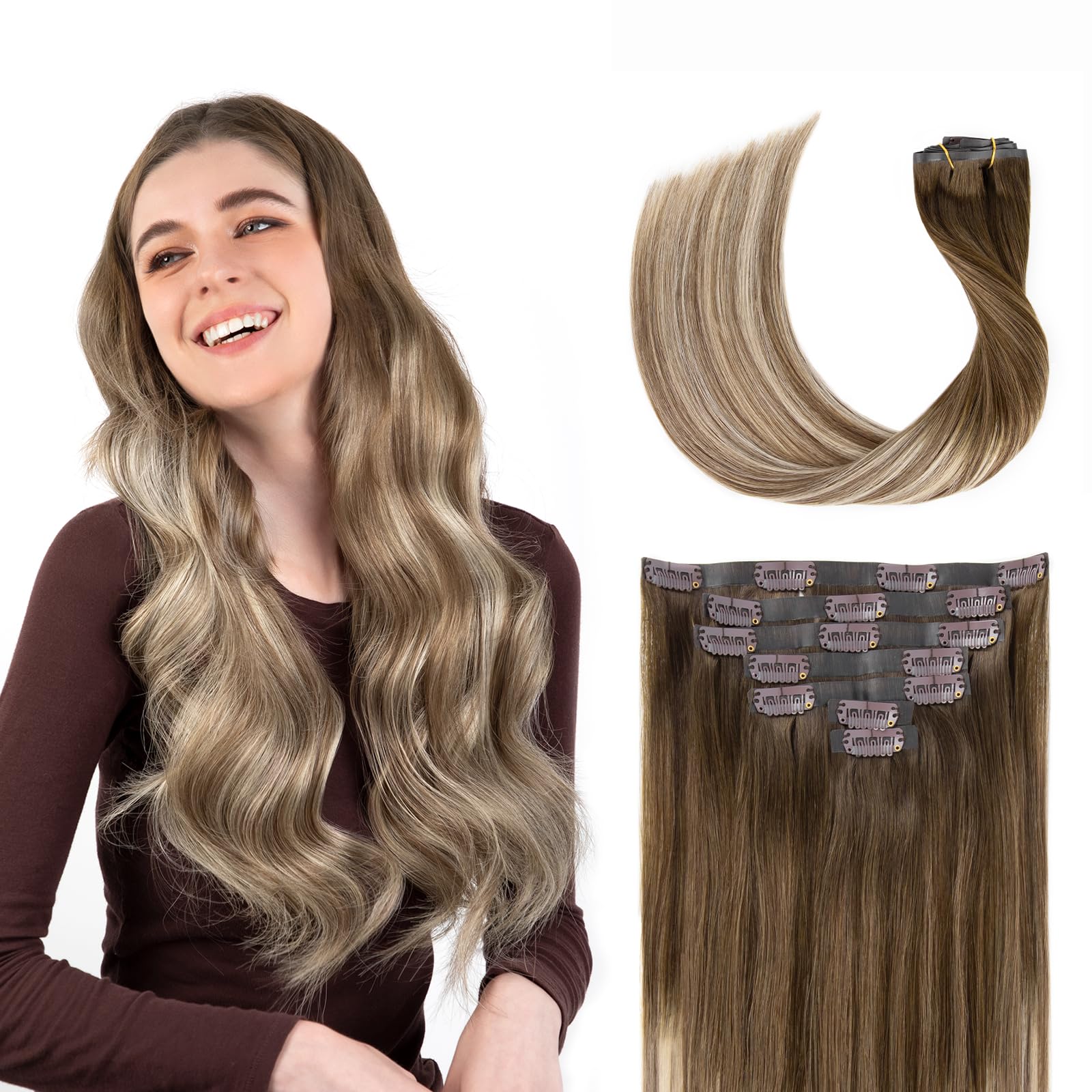 SOBEAUTY Clip in Hair Extensions, 100% Real Human Hair Remy Hair Extensions