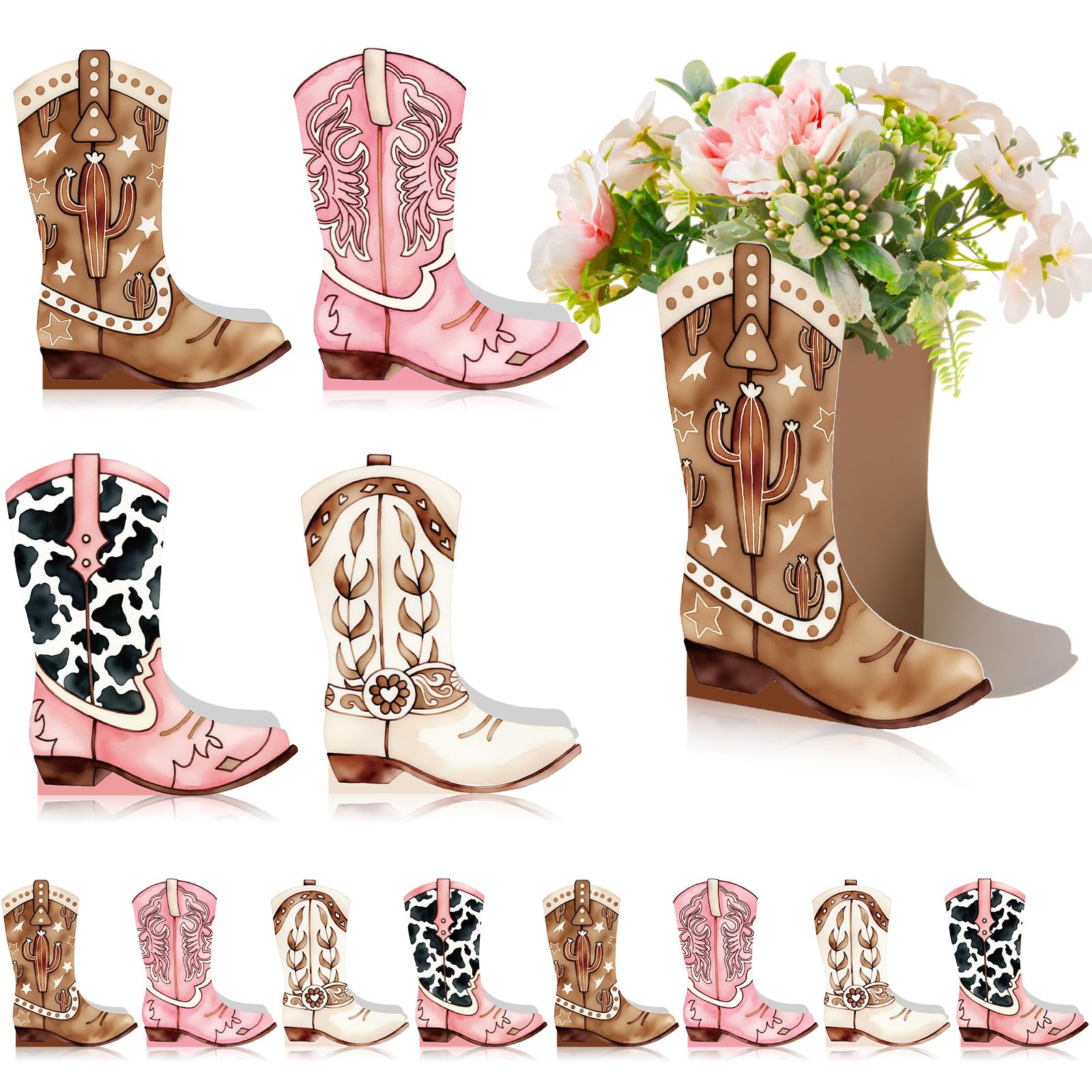Photo 1 of Memorywuu 12 Set Western Boots Flower Boxes Centerpiece Boot Shape Gift Boxes Party Decoration Vase Centerpieces for Tables Boots Rodeo Birthday Baby Shower Supplies(Western Pink,Cowgirl Cow)