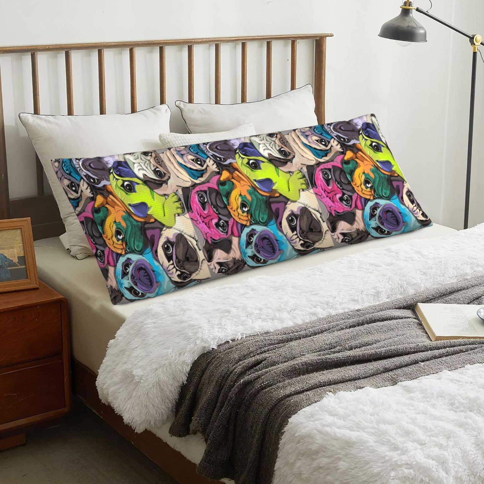 Funny Cartoon Pug Dog, Body Pillow Cover with Zipper,Long Body Pillowcase 20 x 60 in