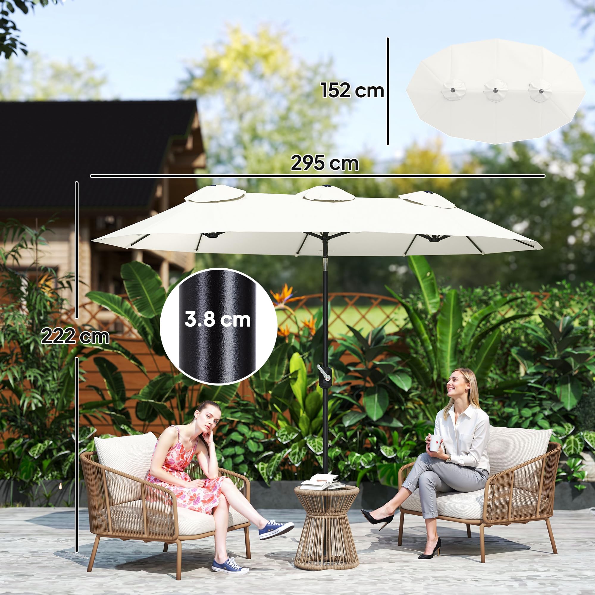 Outsunny Ombrellone da Giardino Doppio Inclinabile a 45° con Manovella e 3 Prese d'Aria, Ombrellone da Esterno in Acciaio e Poliestere, 295x152x222 cm