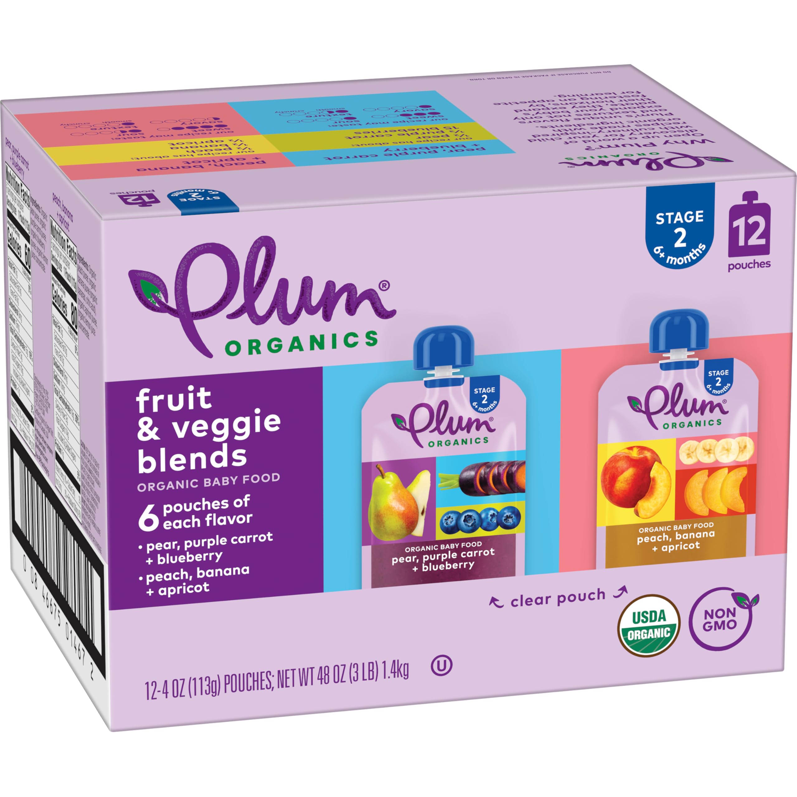 Plum Organics Stage 2 Organic Baby Food - Variety Pack - 4 oz Pouch (Pack of 12) - Fruit and Veggie Baby Food Pouch