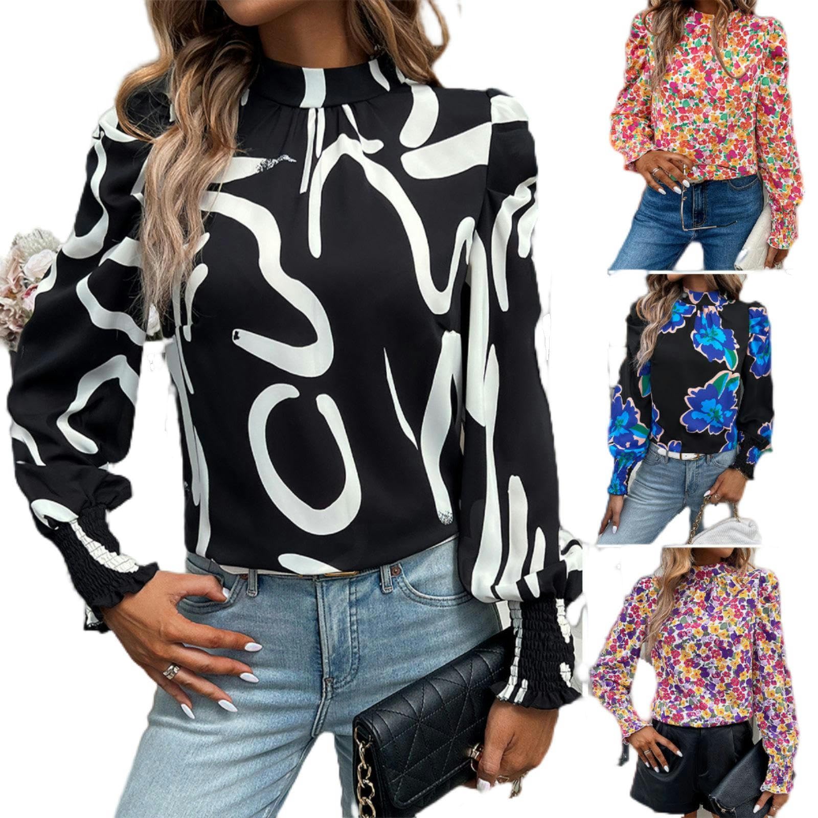 Camisa Estampada Mujer Cuello Redondo Manga Larga Invierno - Fondo Negro Flores Blancas - M