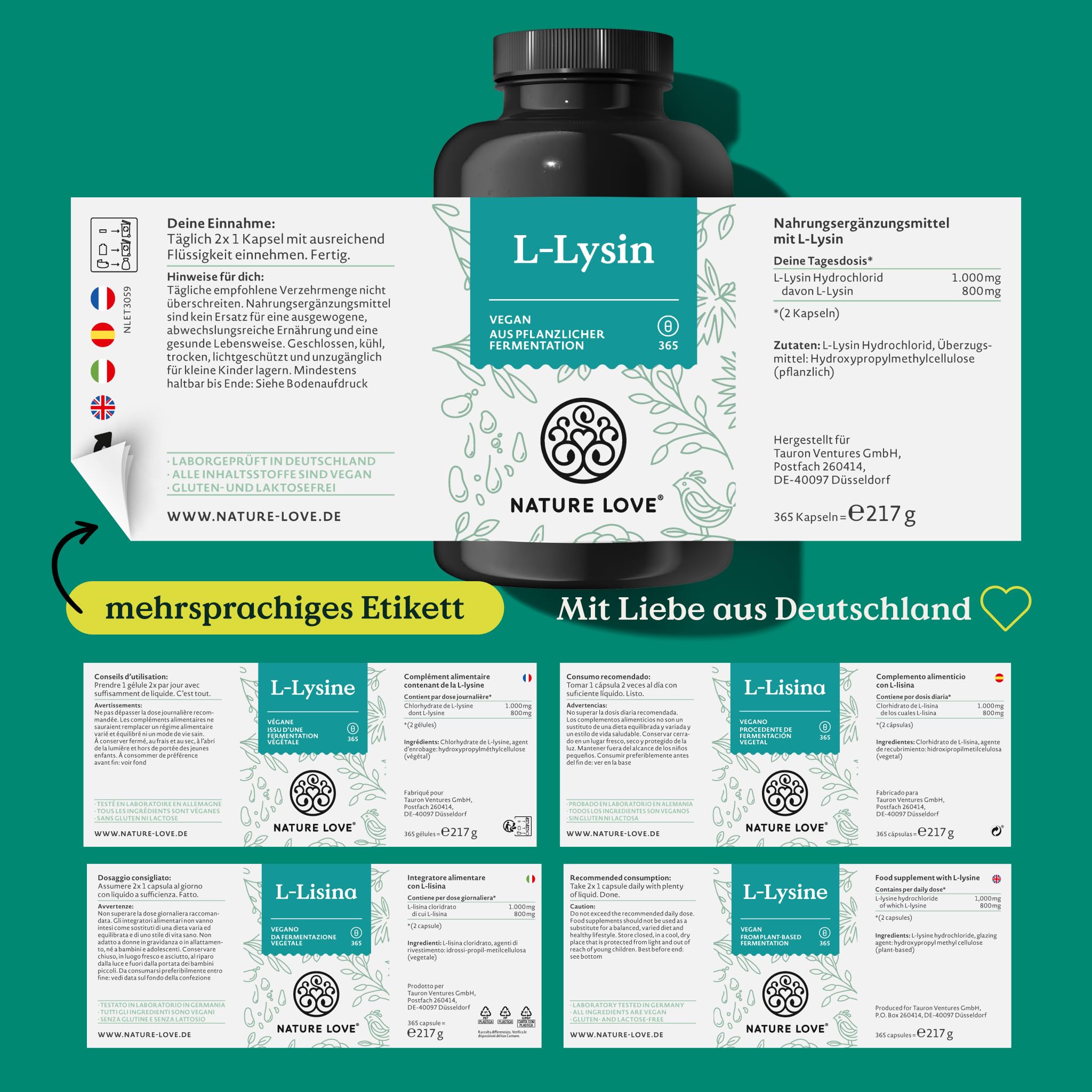 NATURE LOVE® L-Lysin - 365 vegane Kapseln - 1000mg L-Lysin HCL pro Tagesdosis - Lysin aus pflanzlicher Fermentation - 6 Monate Reichweite - Laborgeprüft, ohne Zusätze und in Deutschland produziert