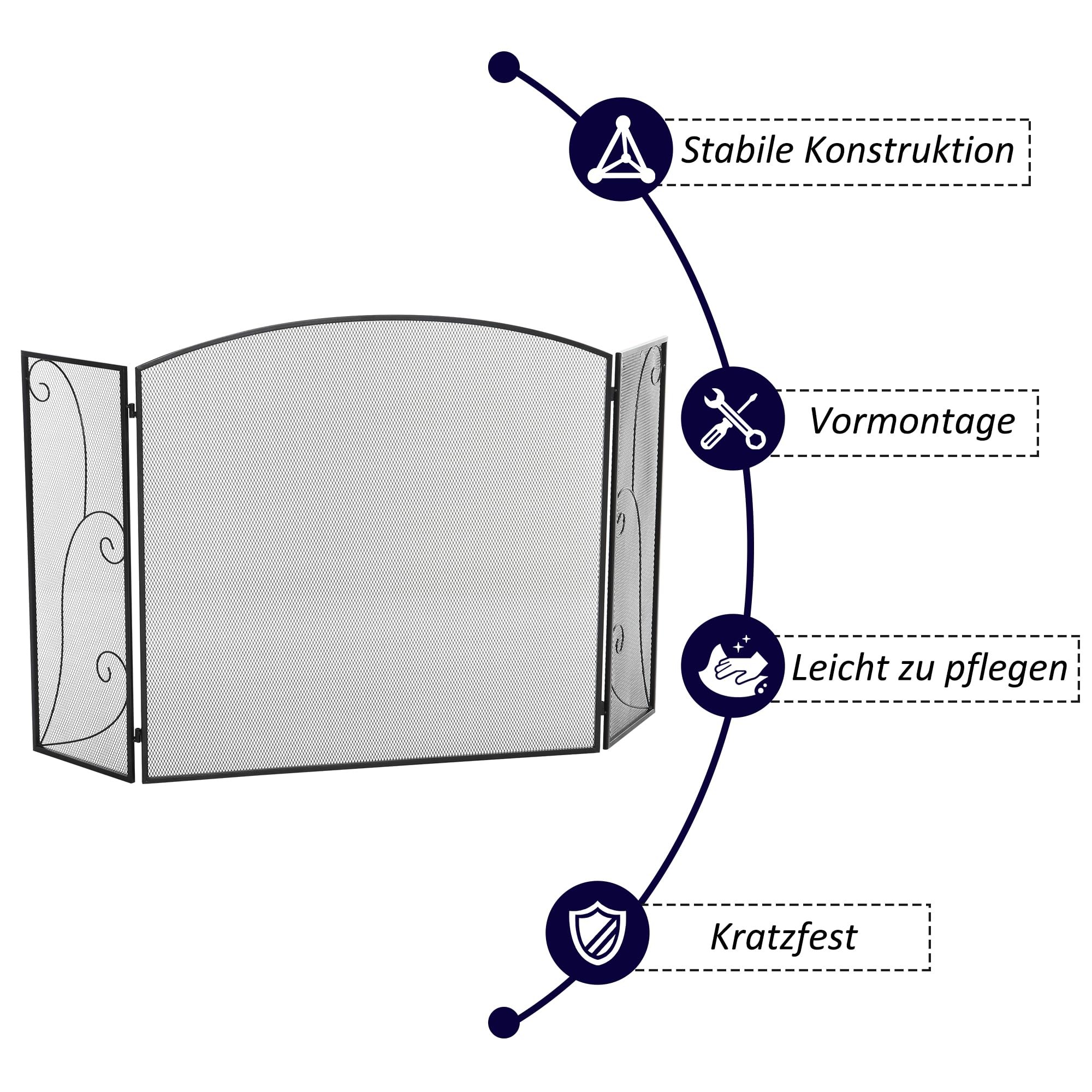 HOMCOM Griglia per caminetto, Griglia di protezione per caminetto con 3 pannelli, Griglia antiscintille pieghevole, Griglia di protezione per stufa per soggiorno, Metallo, Nero 132,5 x 76,5 cm