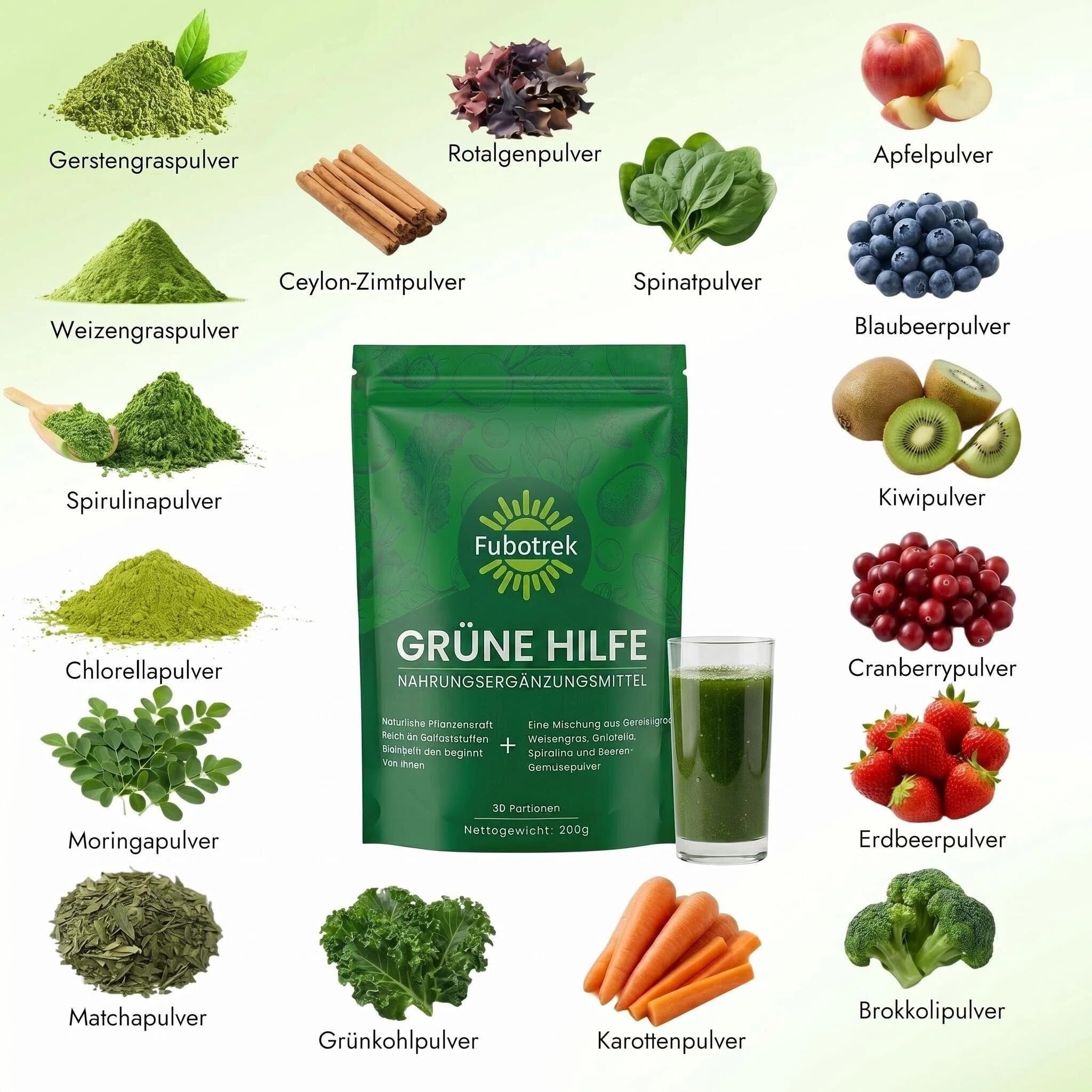 Grüne Entgiftungspulver, 200g Grüne Superfood Pulver Helfer, Greens Pulver mit Matcha Spirulina, Gerstengras, Moringa, Ballaststoffreich & Vegan | Natürliches Pflanzenpulver für Alltag & Ernährung