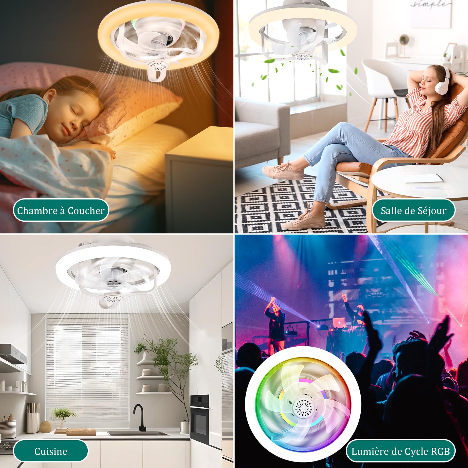 YOOHBERRYS Ventilateur de Plafond avec Lumiere RGB, Douille E27, Silencieux, Telecommande, 28cm*18cm