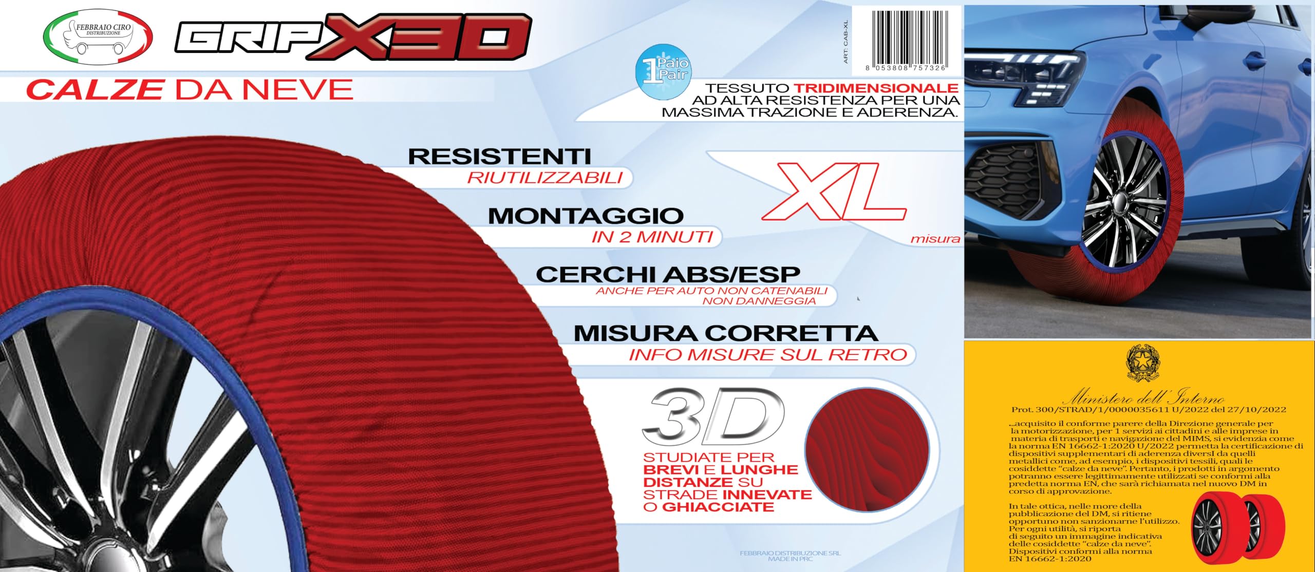 Calze da Neve Omologate Italia EN 16662-1 in Tessuto 3D Taglia XL Facili e Veloci da Montare Incrementano l'Efficienza dei Sistemi di Sicurezza Lavabili e Riutilizzabili,Tessuto (XL) GripX3D