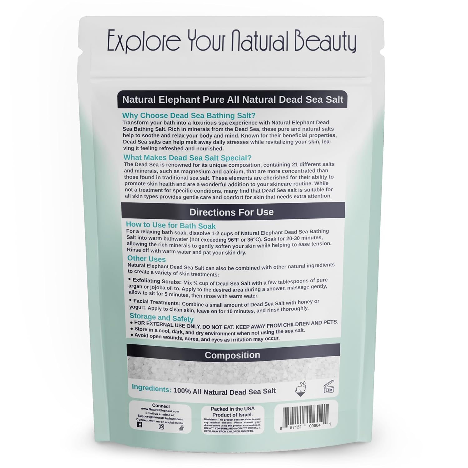 Natural Elephant Dead Sea Bath Salt | 2 Pound Bag (32oz) | 100% Natural and Pure| Coarse Grain | Ideal for Baths and Soaks - Image 2