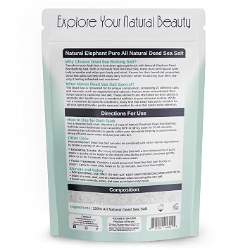 Natural Elephant Dead Sea Bath Salt | 1 Pound Bag (16oz) | 100% Natural and Pure| Coarse Grain | Ideal for Baths and Soaks