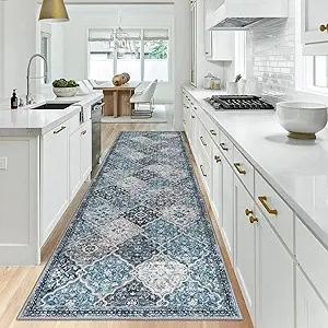 KILOCOCO 3x10 Runner Rug, Moroccan Super Soft Washable Hallway Entryway Rug, Accent Print Faux Wool Kitchen Runner Non-Slip Boho Carpet for Laundry Room Bedroom, Blue/Multi