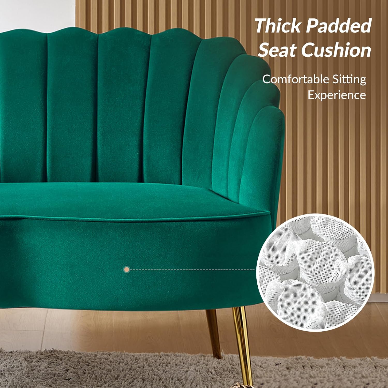 Velvet Upholstered Loveseat Sofa with Gold Metal Legs, Modern Comfy Small Love Seat with Flower Shaped Back, 2-Seater Sofa Accent Couch for Living Bedroom Leisure Areas