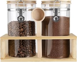 Gzsekken Glass Coffee Bean Storage Jar,2×1.2L Coffee Sugar Container with Shelf & Spoon,Airtight Coffee Bean Canisters Caddy Station Bar Accessories Kitchen Food Storage for Ground Herbal,Tea, Sugar