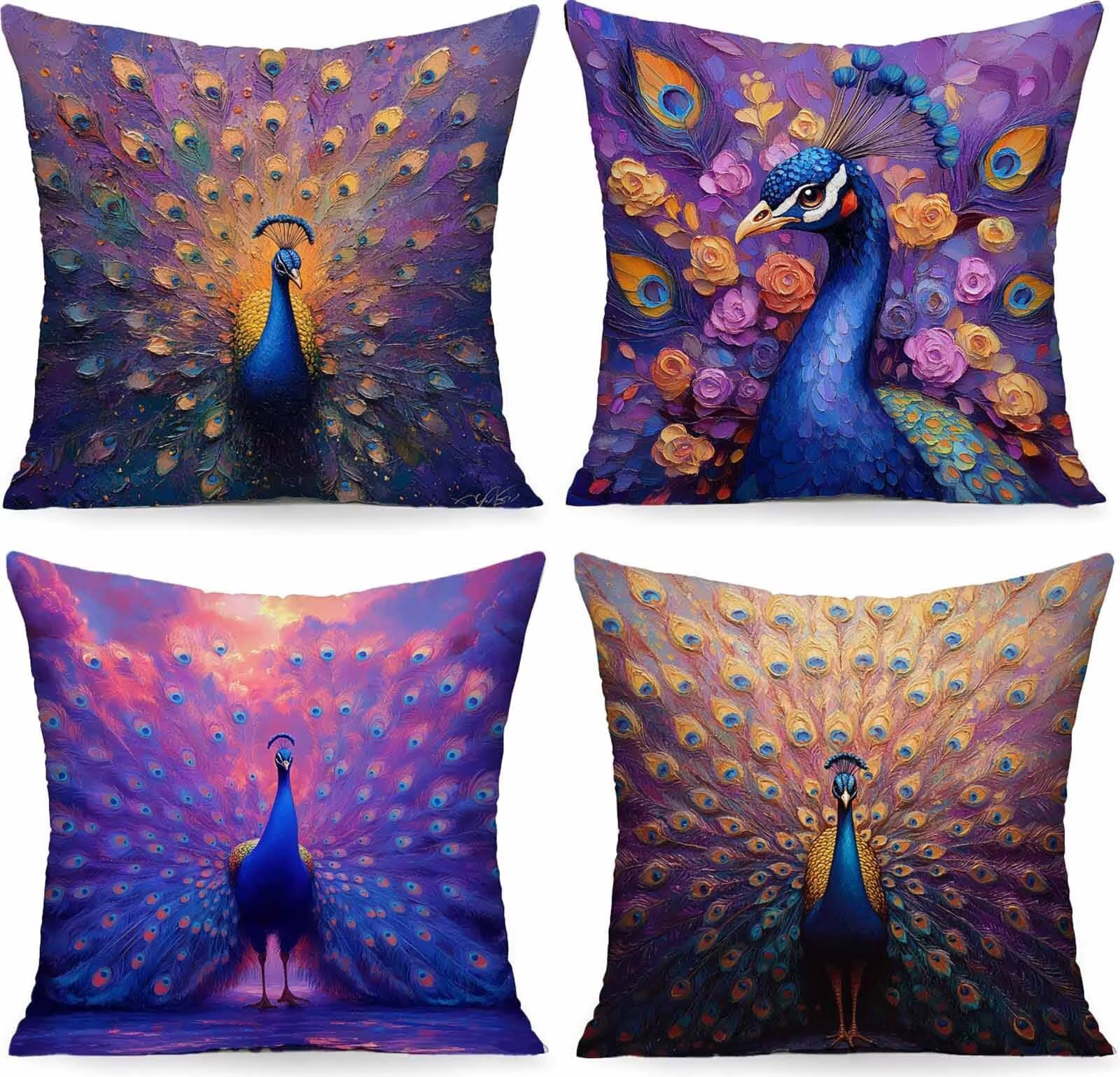 Bleu coussin extérieur imperméable 55x55 lin taie oreiller carrée motif paon décoration maison