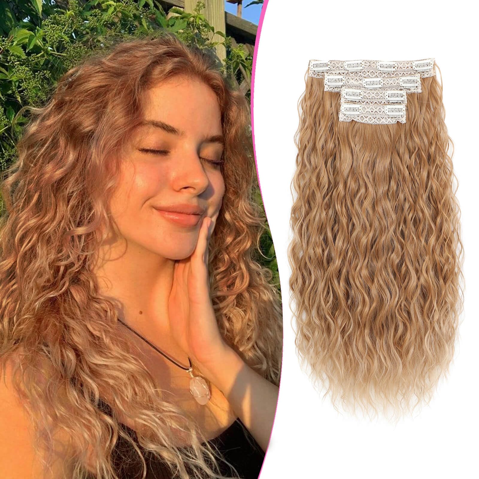 Megito Mermaid Curly Clip in Hair Extensions, 20inch Seamless Hair Extensions Clip ins 4Pcs Thick Full Head Clip in Hair Extensions with Hairpieces