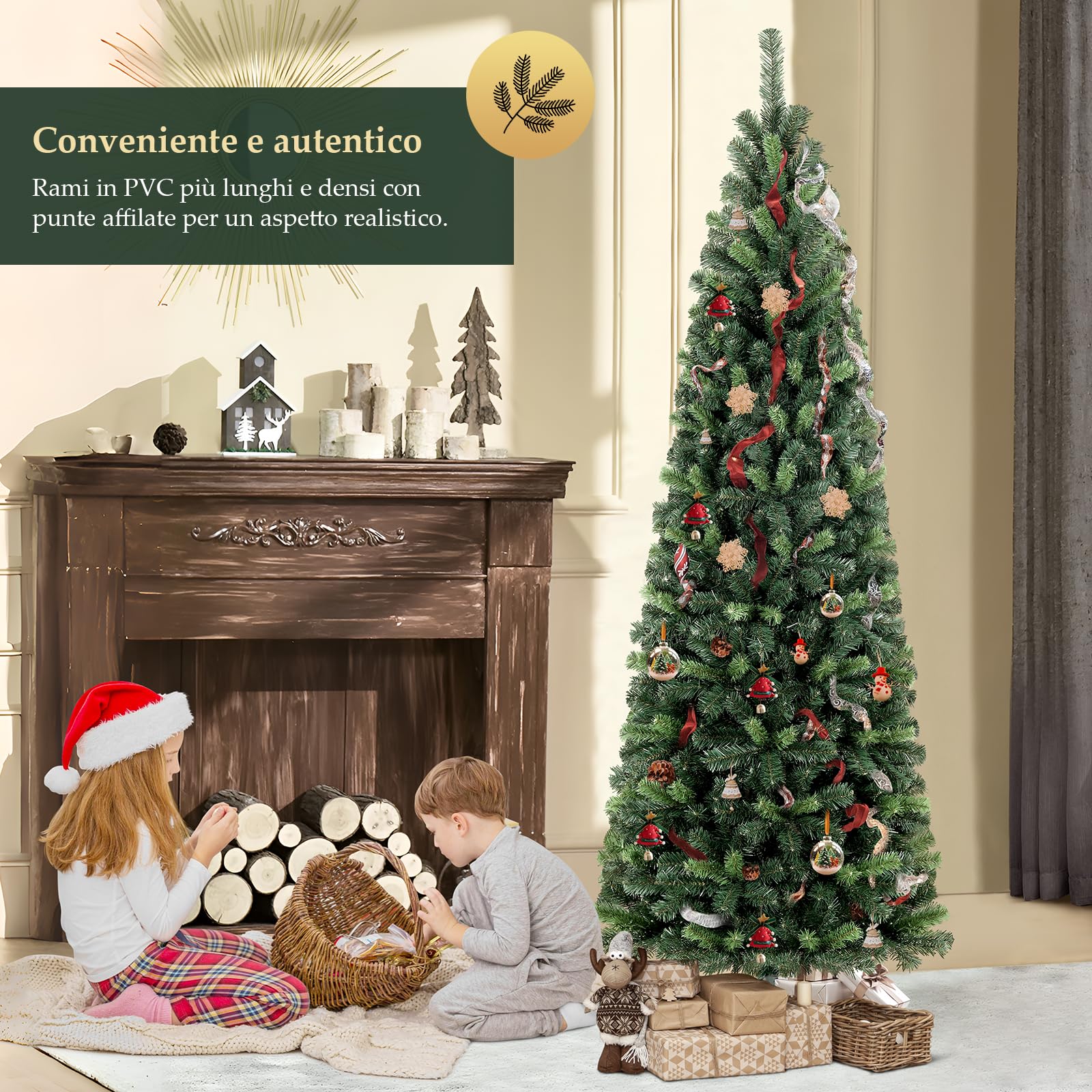 SALCAR Albero di Natale Slim Artificiale 180 cm, Abete di Natale con Guanti e 618 PVC Punte per Rami, Supporto in Metallo, Montaggio Rapido, Ignifugo