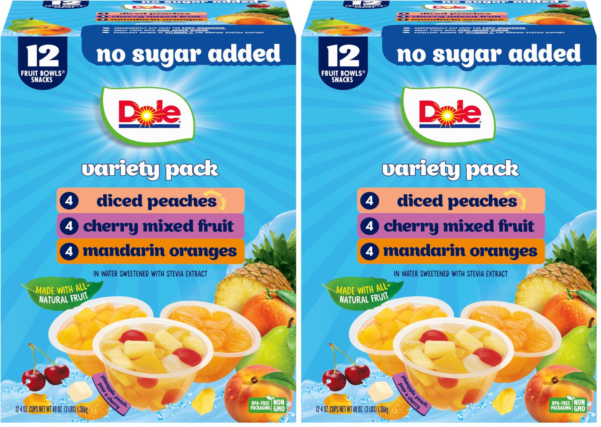 Fruit Bowls No Sugar Added Variety Pack Snacks, Peaches, Mandarin Oranges & Cherry Mixed Fruit, 4oz 12 Cups, Gluten & Dairy Free, Bulk Lunch Snacks for Kids & Adults (Pack of 2)