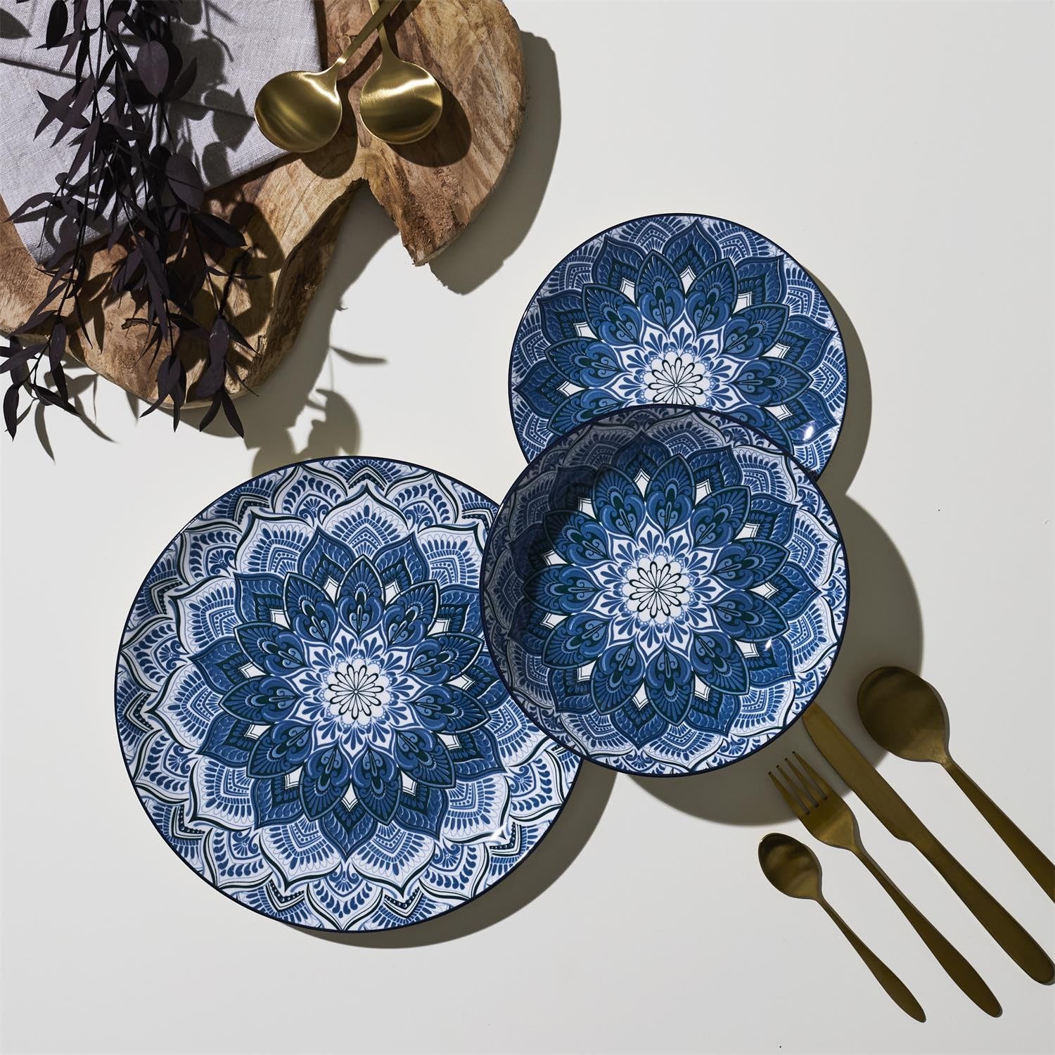 Indi - Juego de vajilla (12 piezas, porcelana, 4 unidades, 27 cm, 4 platos de postre de 19 cm, 4 platos hondos de 20 cm, diseño de mandala, oriental, elegante y moderno)
