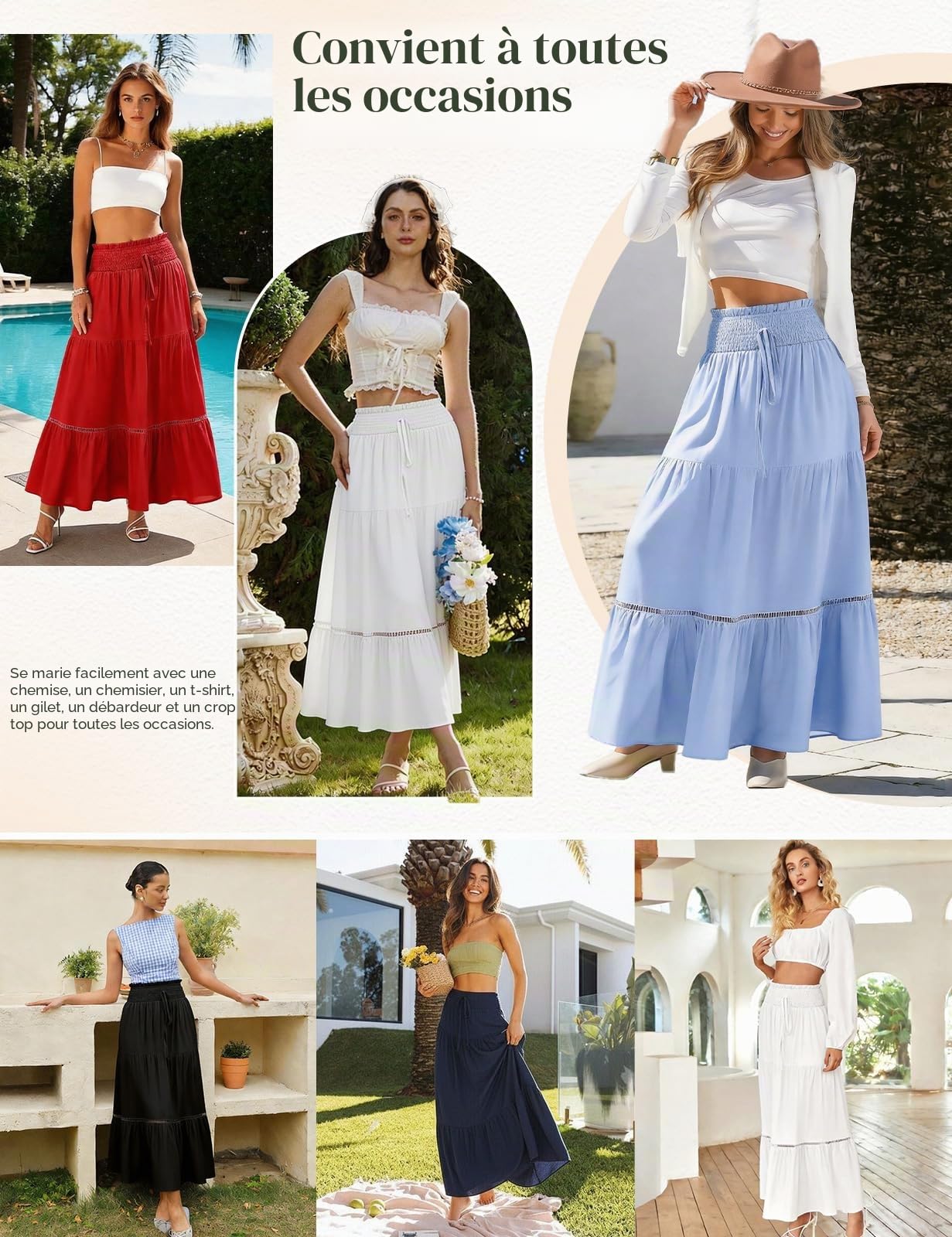 Jupe Longue d'été pour Femme Élastique Taille Haute Jupe Maxi Fluide A-Ligne Casual Élégante Jupe 2 en 1 Bohême Décontractée Vacances Plage