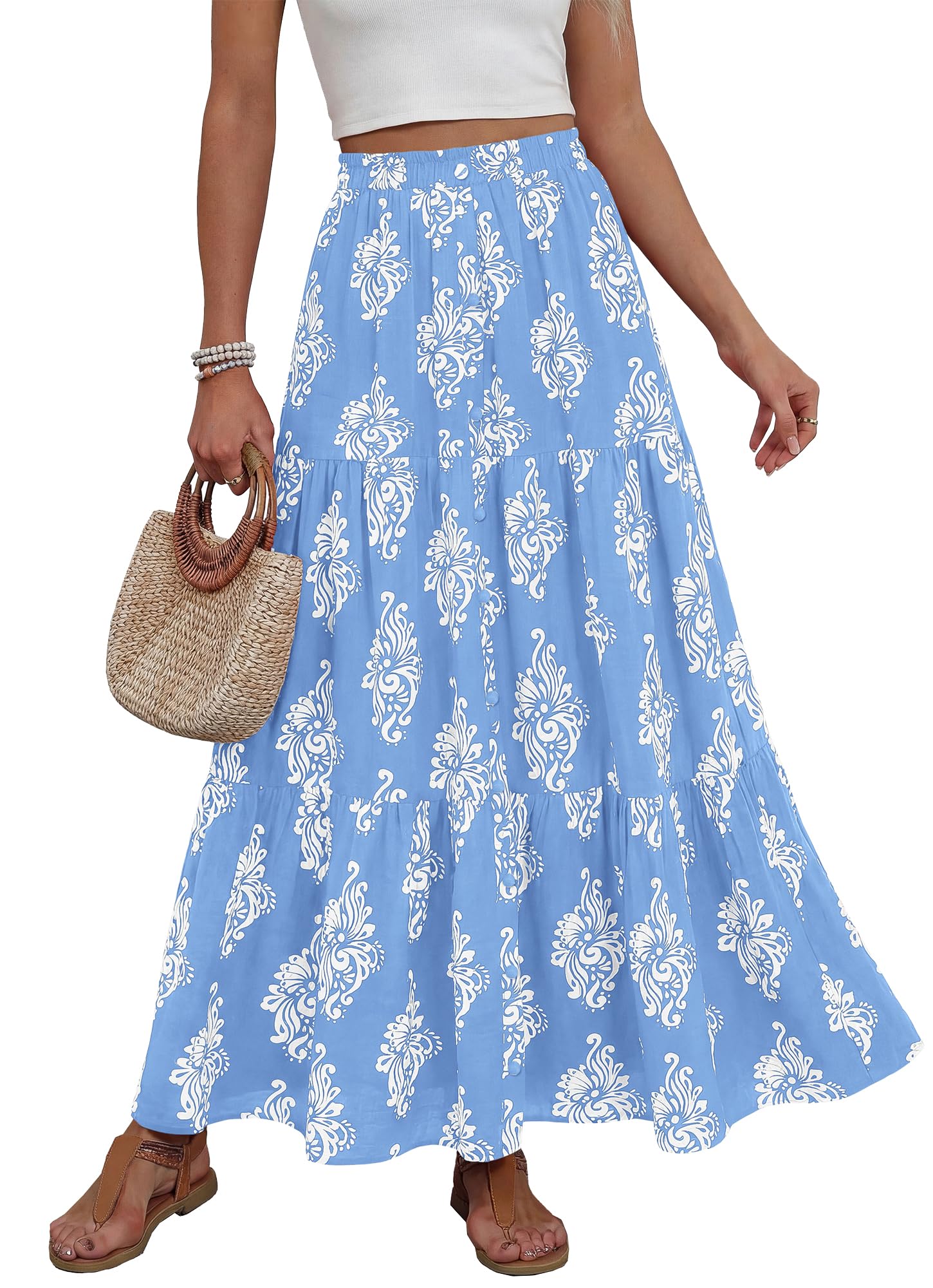 BTFBM Long Skirts for Women Summer 2026 Elastic High Waist Flowy A Line Casual Boho Tiered Floral Maxi
