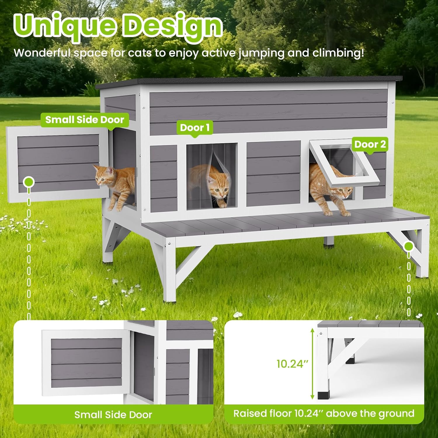Large Cat House for Outdoor, Weatherproof Feral Cats Shelter Design with Platform, Easy to Install and Clean Kitty House Keep Safe in Outsides for Cats