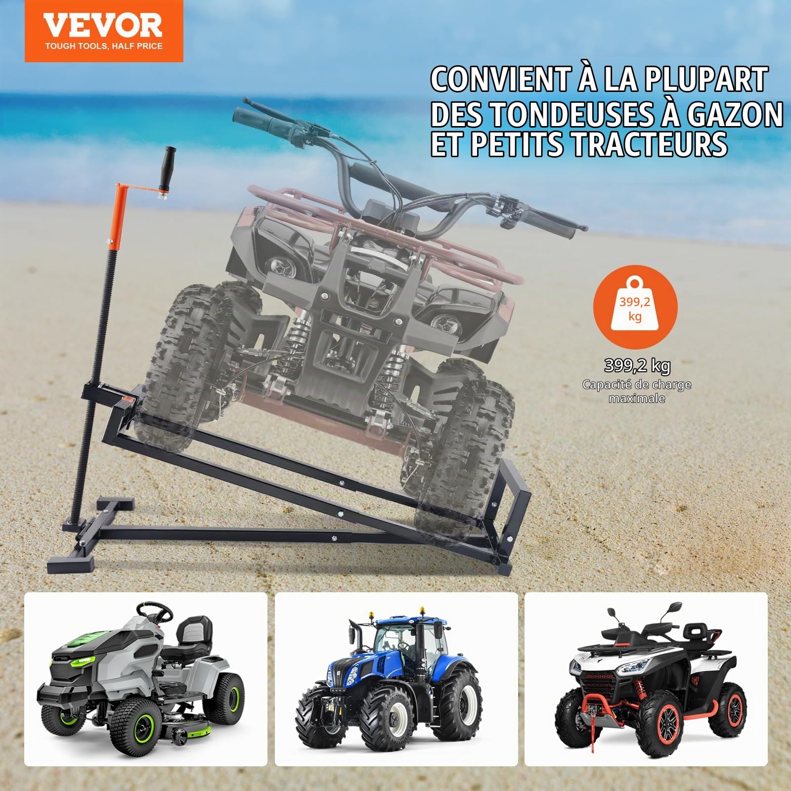 VEVOR Lève Tondeuse Autoportée Capacité de Charge 399,1 kg, Cric à Vis pour Tracteur-Tondeuse Télescopique, Élévateur pour Tondeuse à Gazon avec Manivelle et Poignée d'Outil Électrique, Jardin, Noir