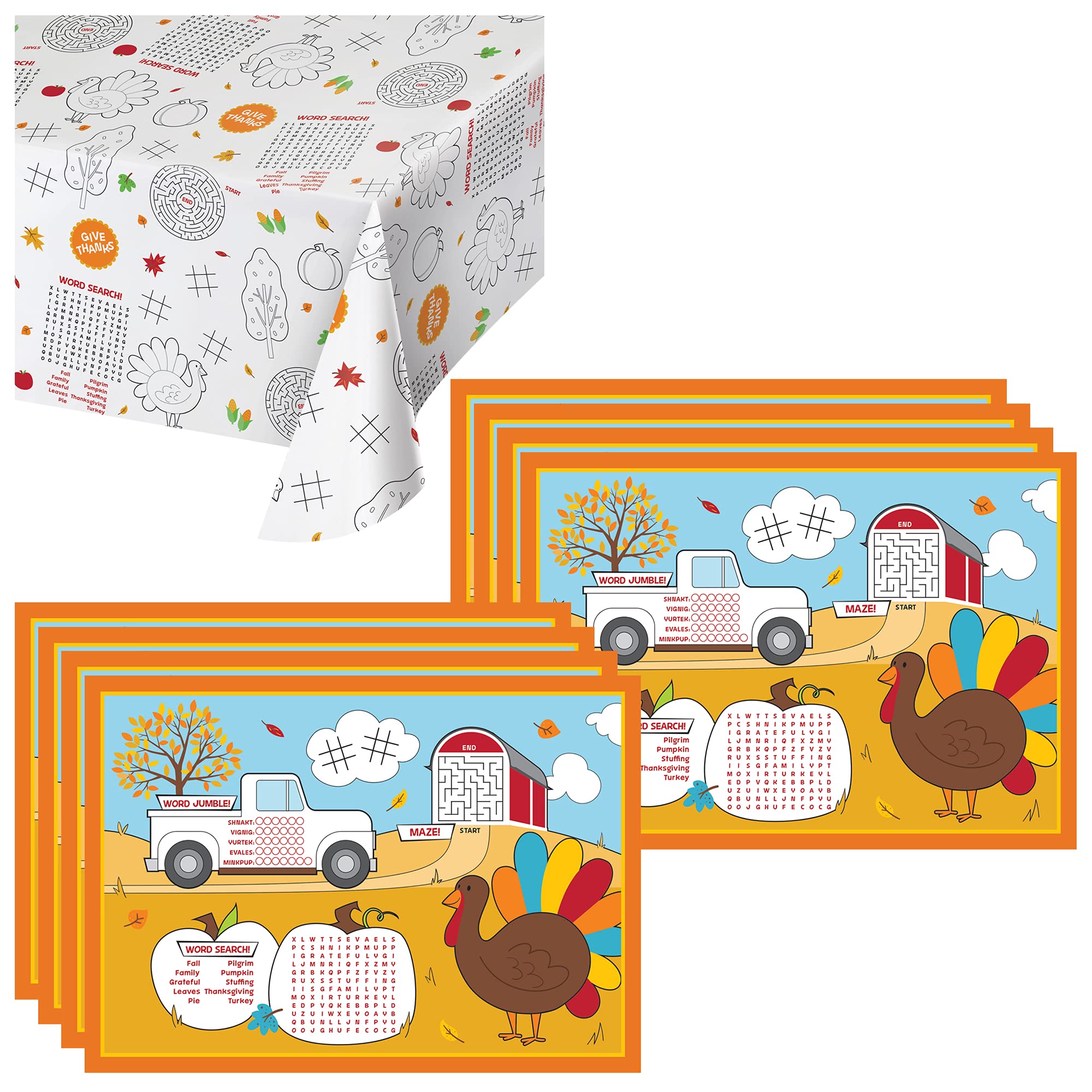 Creative Converting Thanksgiving Activity Bundle - 8 Kids Coloring Placemats & Table Cover For Family Dinners